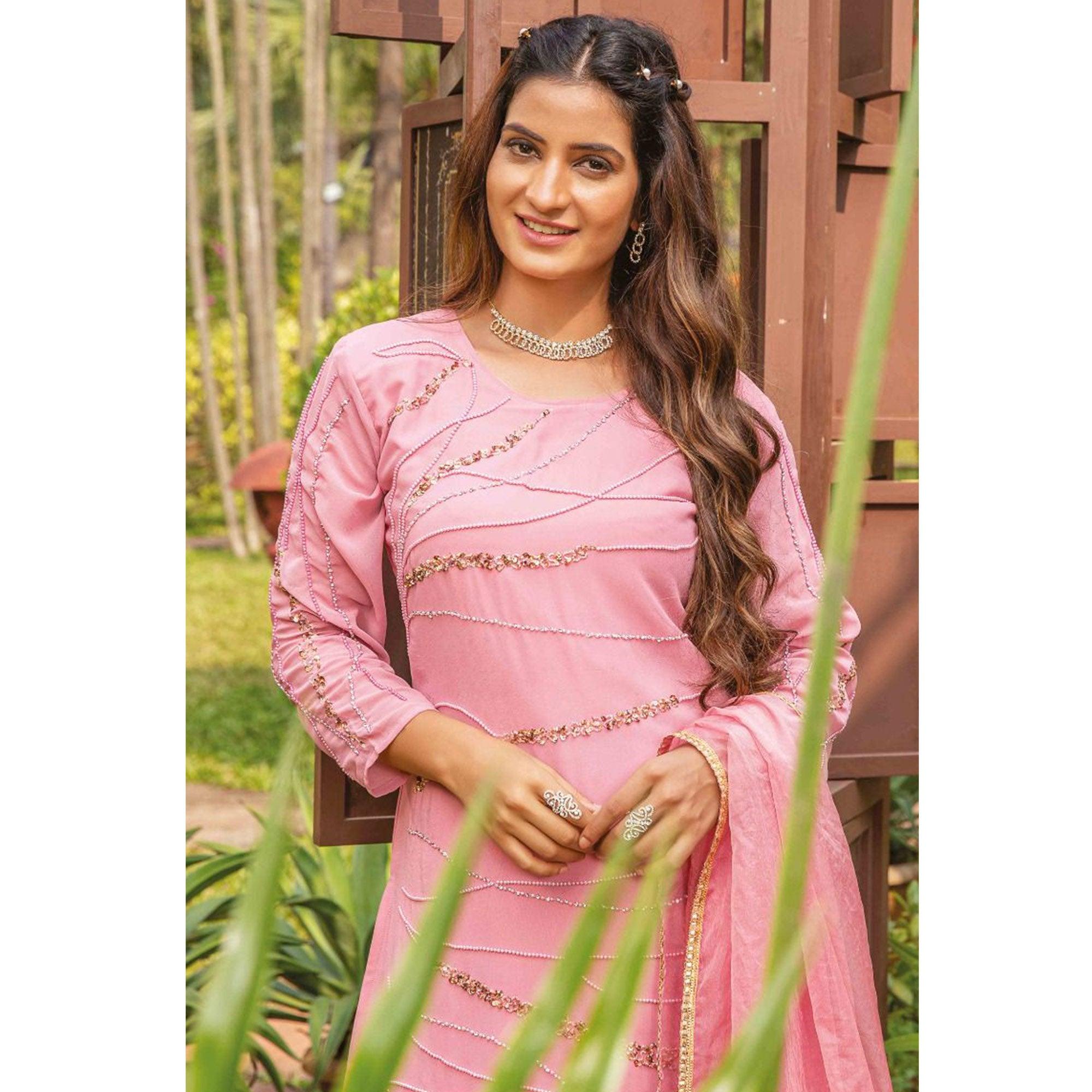 Pink Partywear Resham With Cutdana & Embellished Georgette Sharara Suit - Peachmode