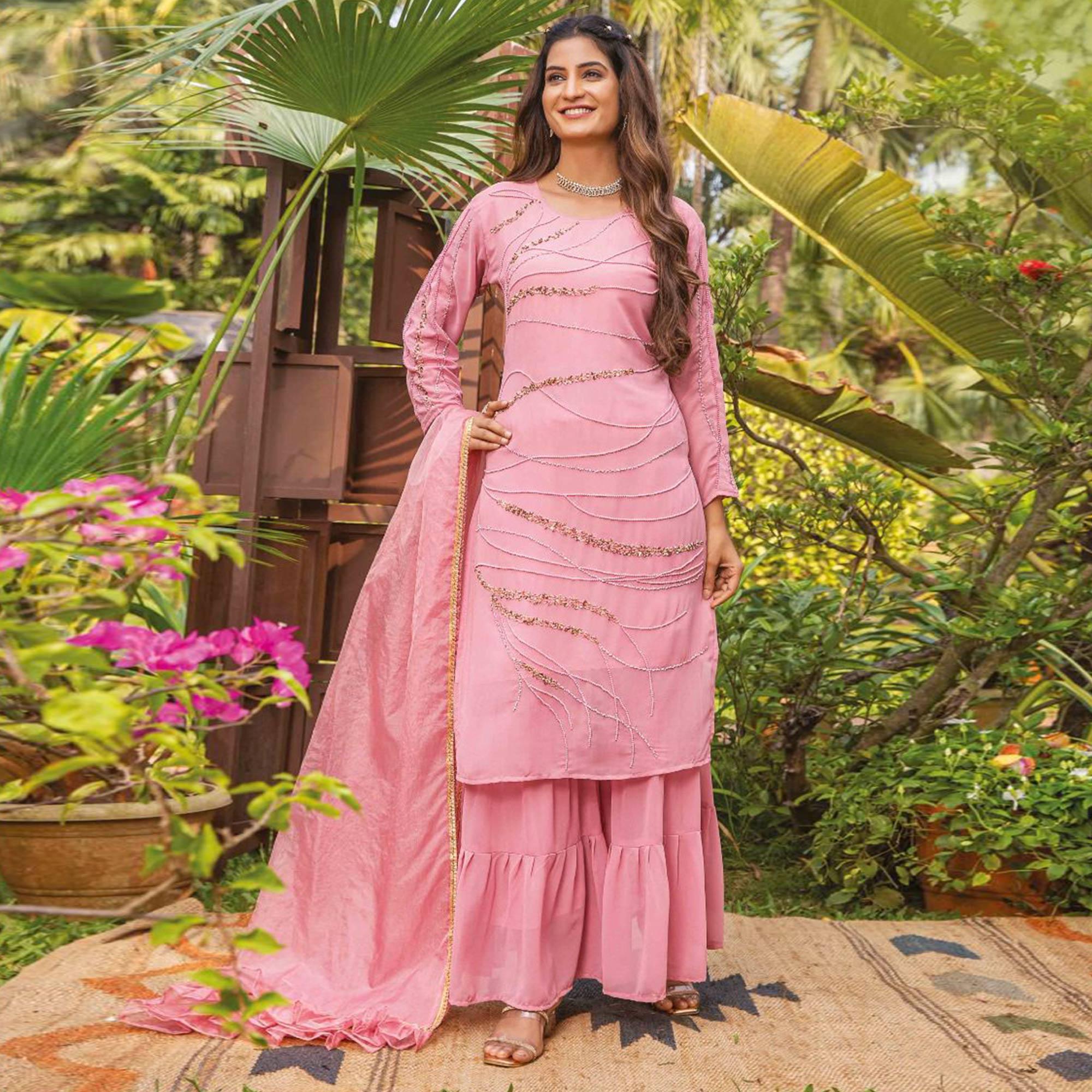 Pink Partywear Resham With Cutdana & Embellished Georgette Sharara Suit - Peachmode