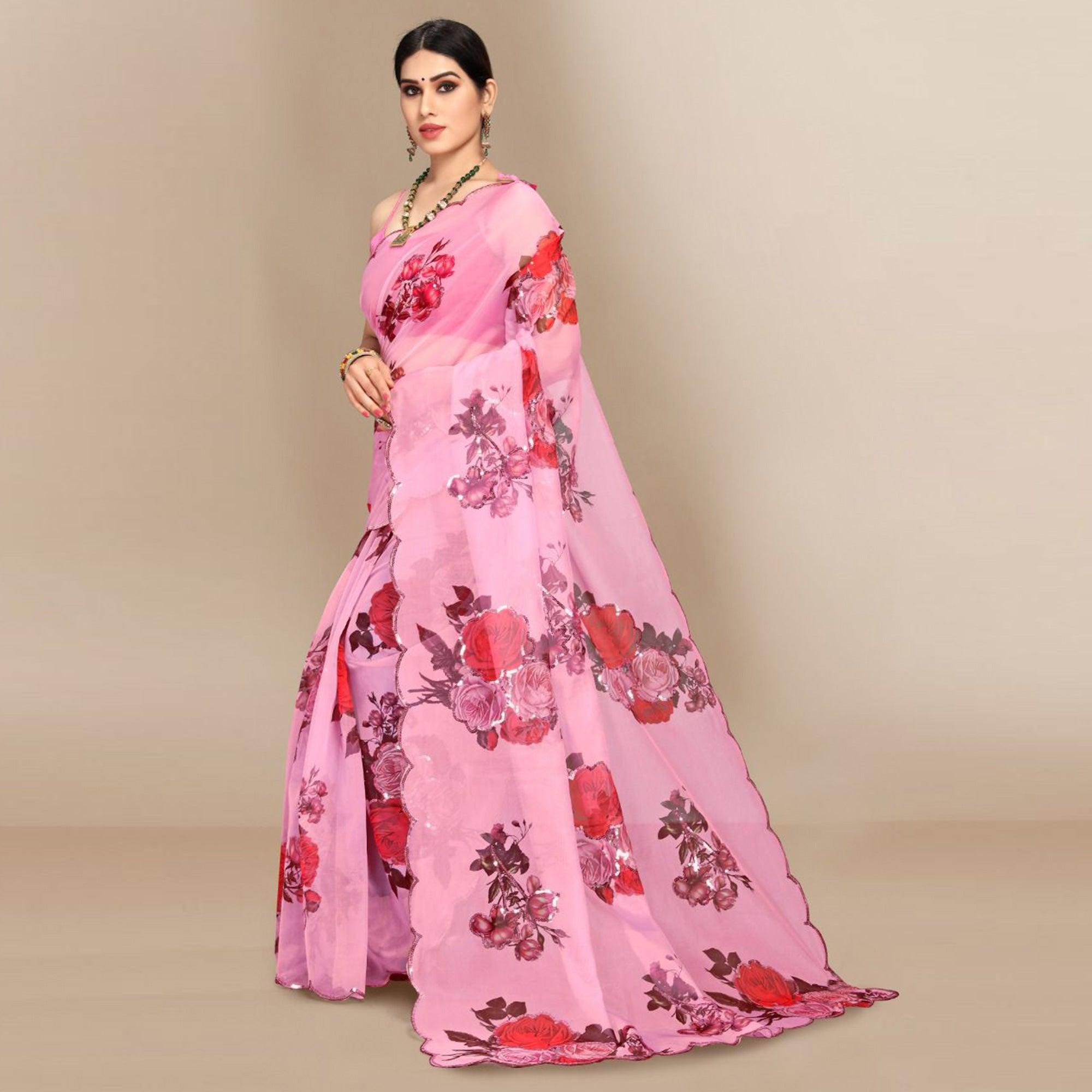 Pink Partywear Sequence & Printed Organza Saree - Peachmode