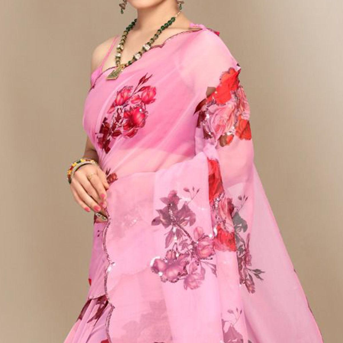 Pink Partywear Sequence & Printed Organza Saree - Peachmode