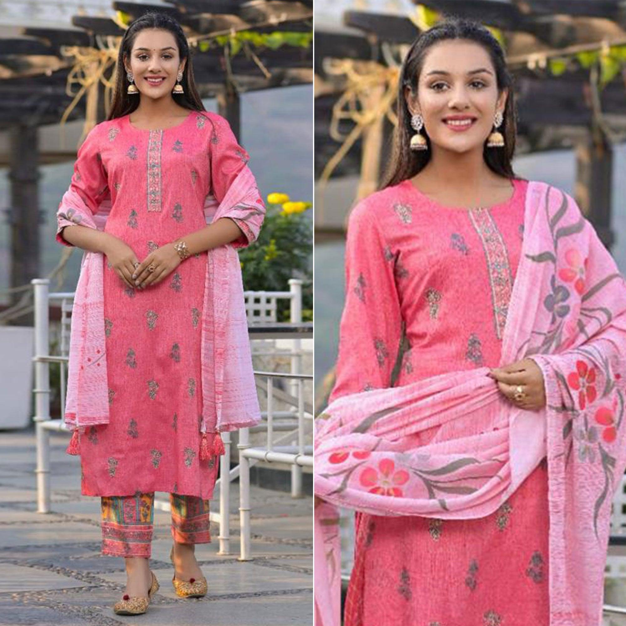 Pink Partywear Sequence Embroidered Cotton Kurti Pant Set With Dupatta - Peachmode