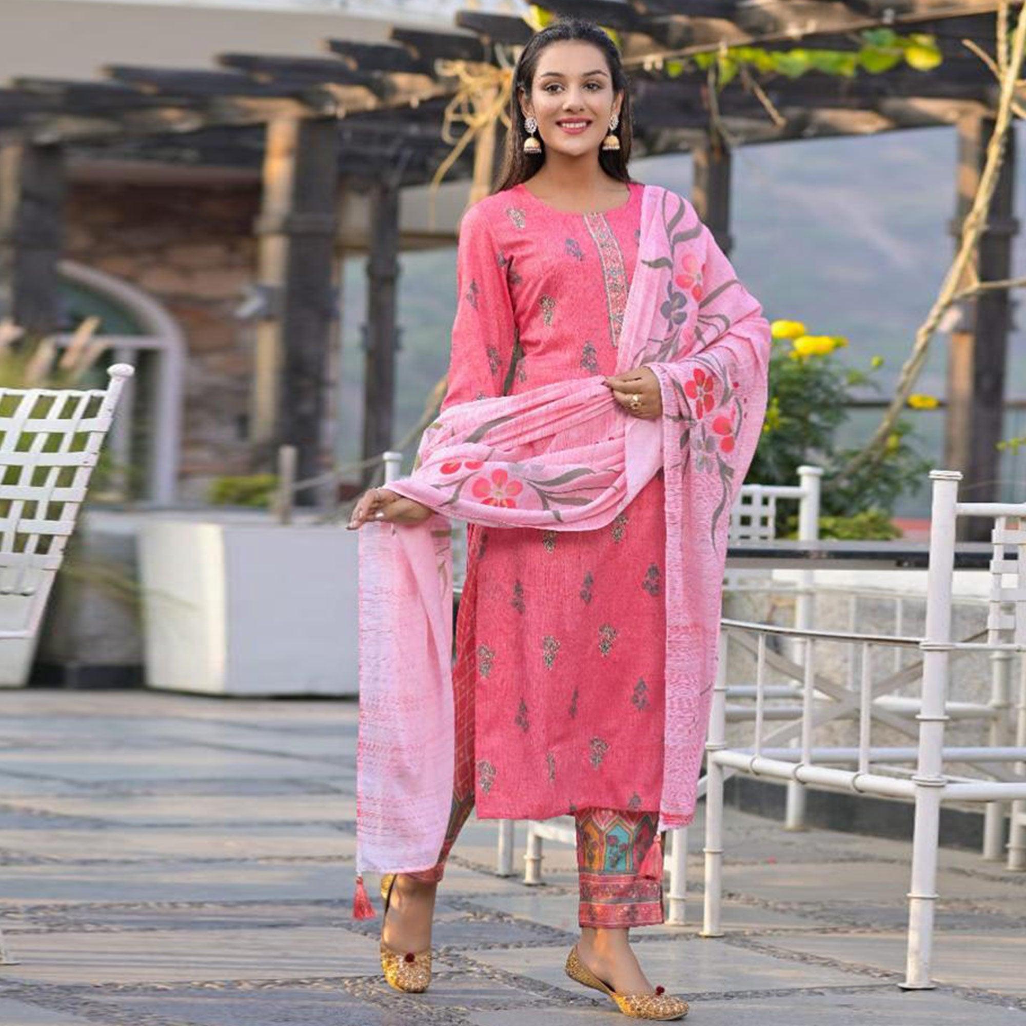 Pink Partywear Sequence Embroidered Cotton Kurti Pant Set With Dupatta - Peachmode
