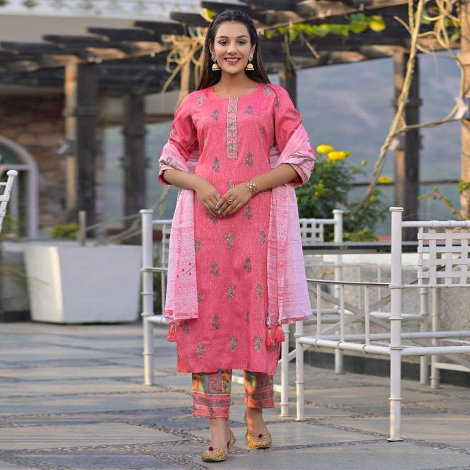 Pink Partywear Sequence Embroidered Cotton Kurti Pant Set With Dupatta - Peachmode