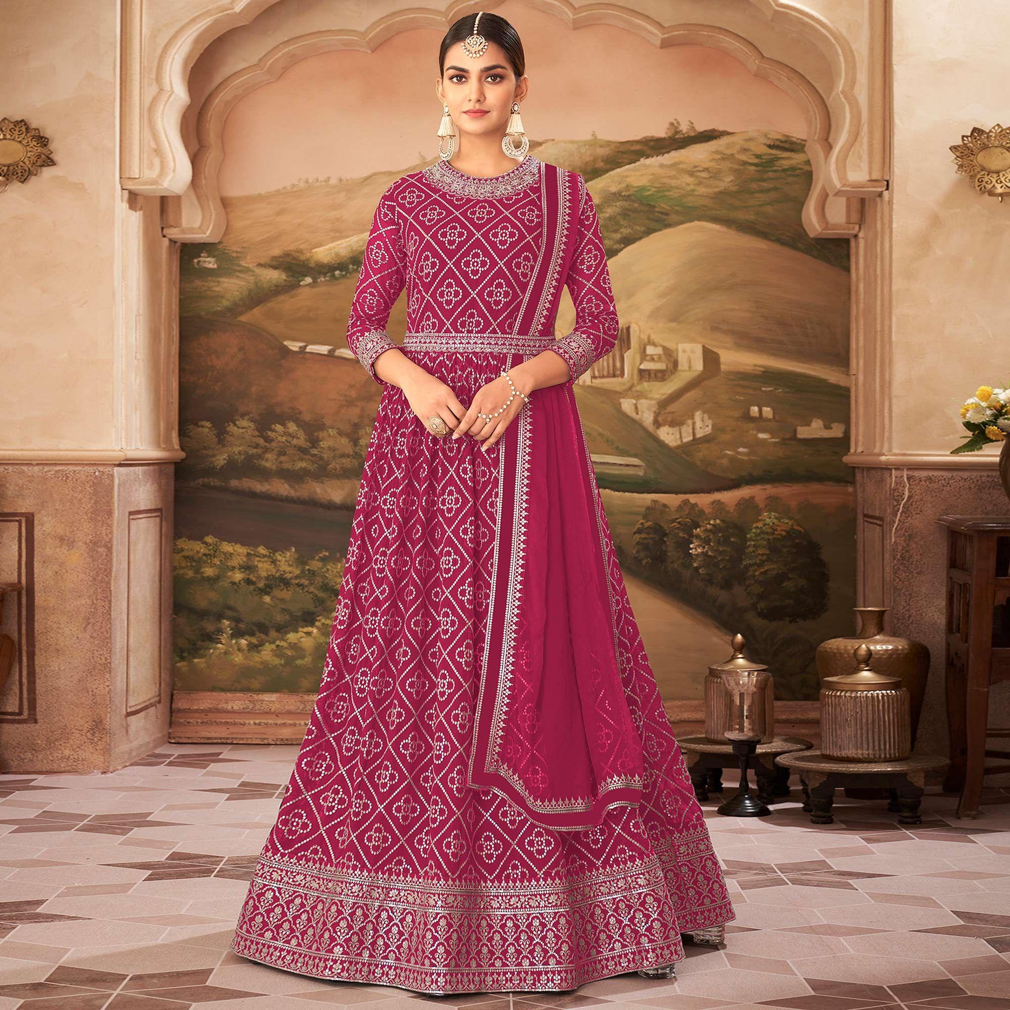 Pink Partywear Sequence Embroidered Georgette Gown - Peachmode