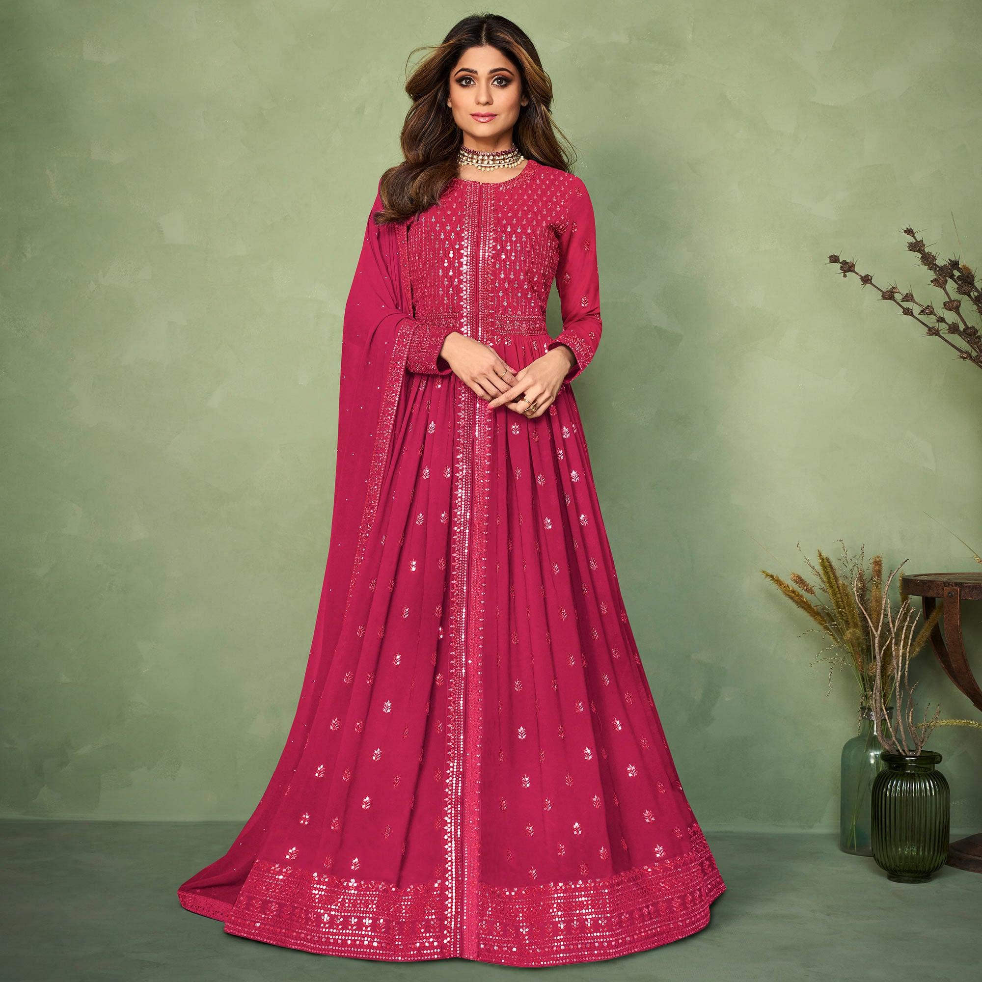 Pink Partywear Sequence Embroidered Georgette Gown - Peachmode