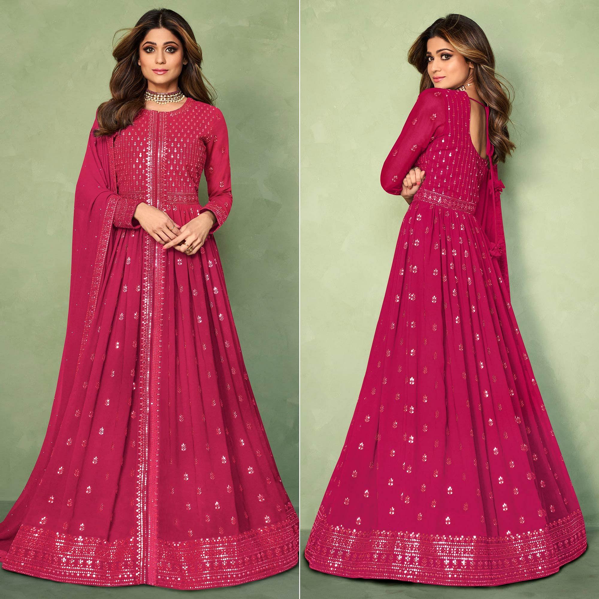 Pink Partywear Sequence Embroidered Georgette Gown - Peachmode