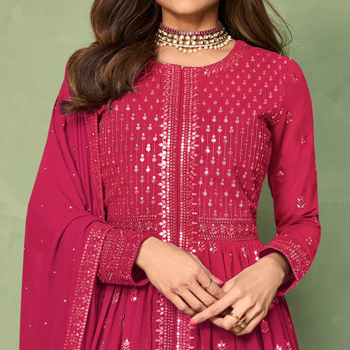 Pink Partywear Sequence Embroidered Georgette Gown - Peachmode