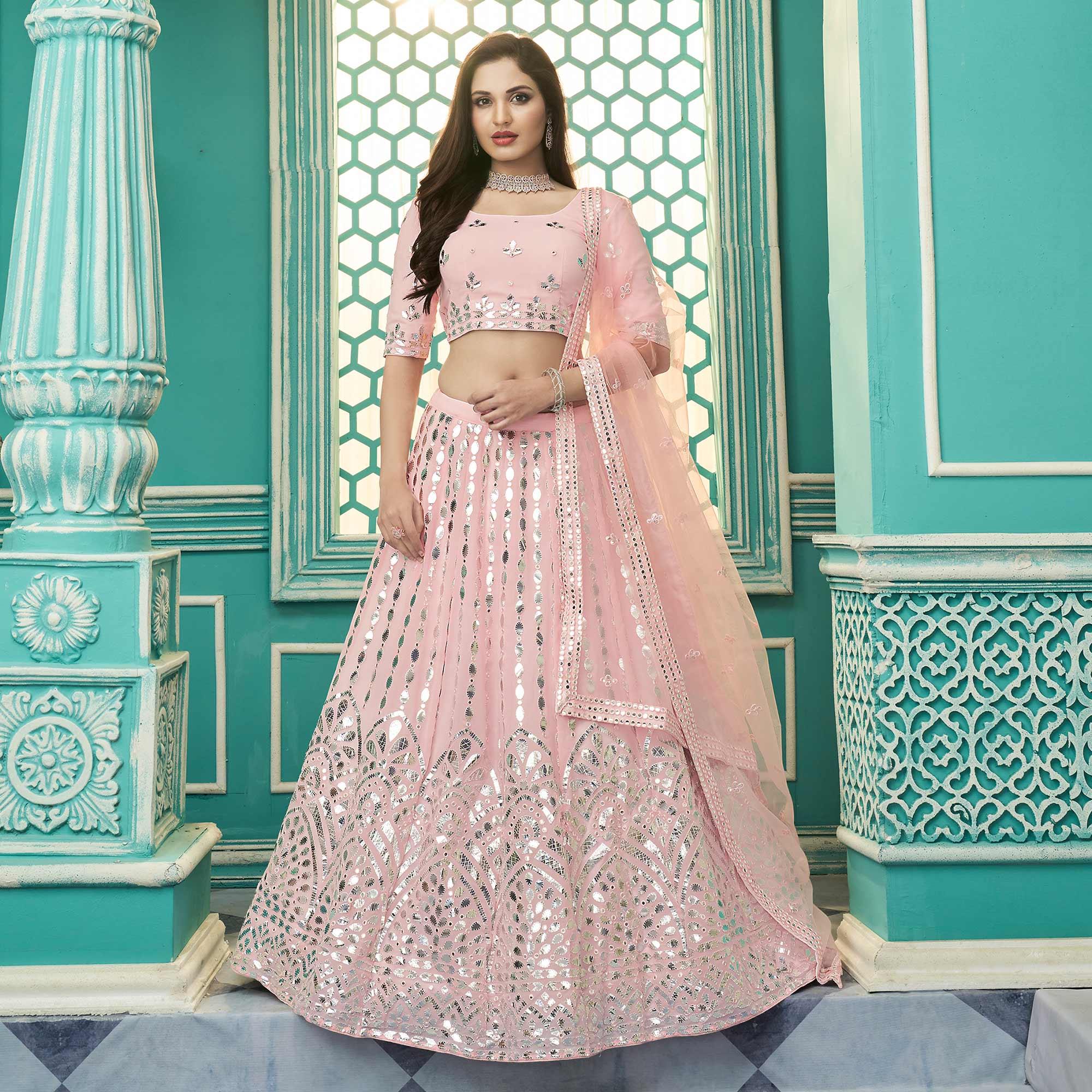 Pink Partywear Sequence Embroidered Georgette Lehenga Choli - Peachmode