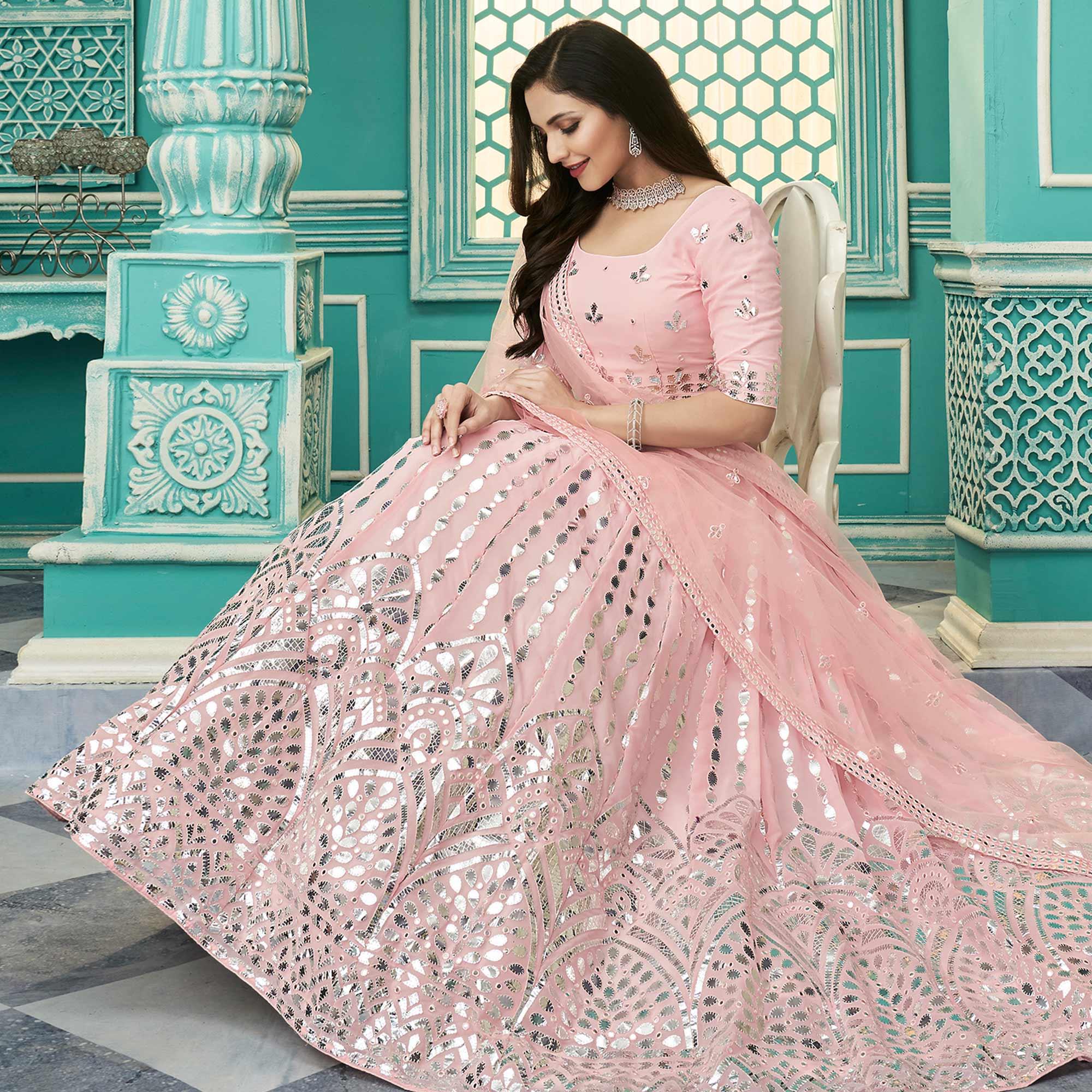 Pink Partywear Sequence Embroidered Georgette Lehenga Choli - Peachmode