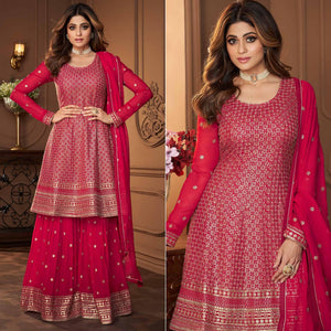 Pink Partywear Sequence Embroidered Georgette Sharara Suit - Peachmode