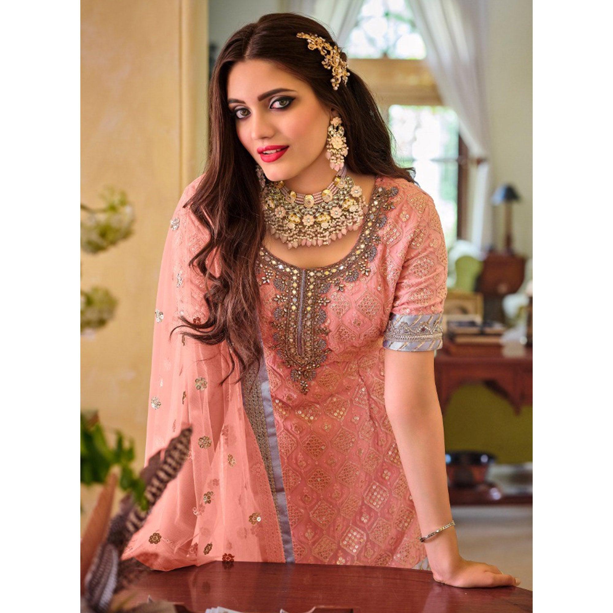 Pink Partywear Sequence Embroidered Georgette Sharara Suit - Peachmode
