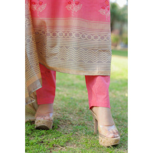 Pink Partywear Sequence Embroidered Handwork Chanderi Kurti Pant Set With Dupatta - Peachmode