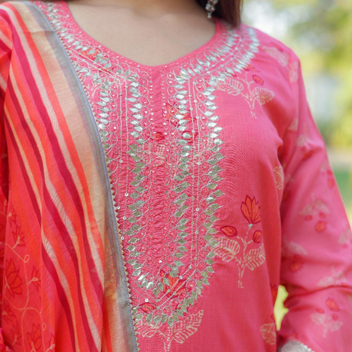 Pink Partywear Sequence Embroidered Handwork Chanderi Kurti Pant Set With Dupatta - Peachmode