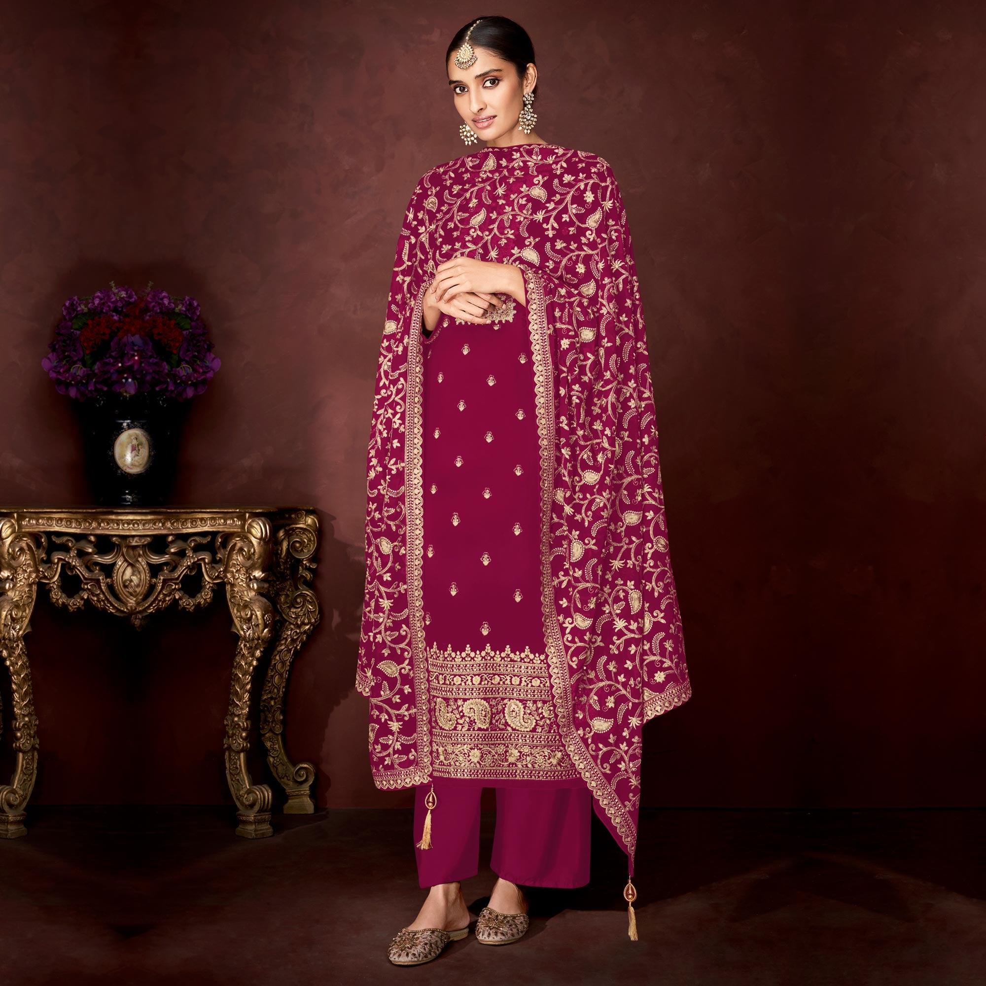 Pink Partywear Sequence Embroidered Heavy Faux Georgette Palazzo Suit - Peachmode