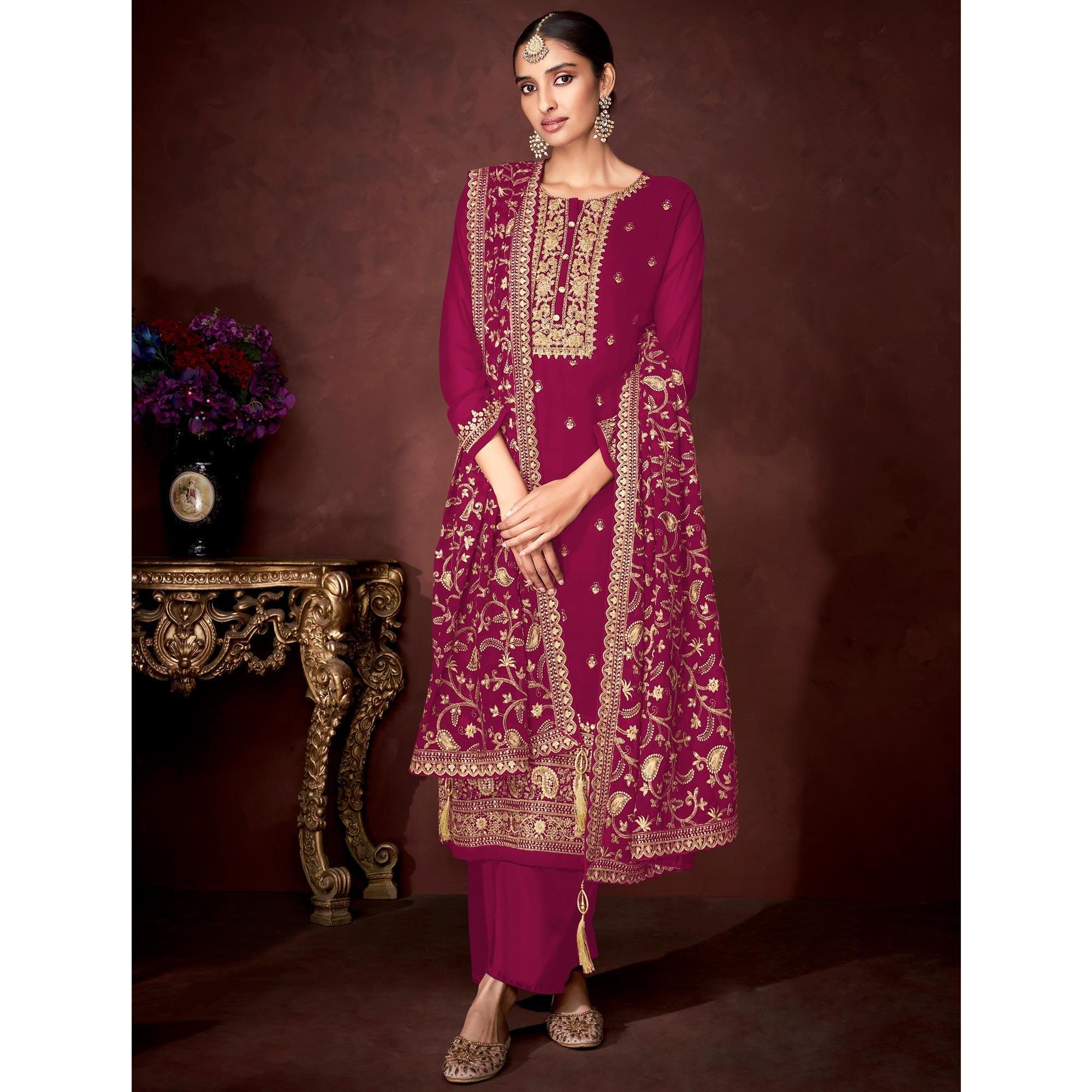 Pink Partywear Sequence Embroidered Heavy Faux Georgette Palazzo Suit - Peachmode
