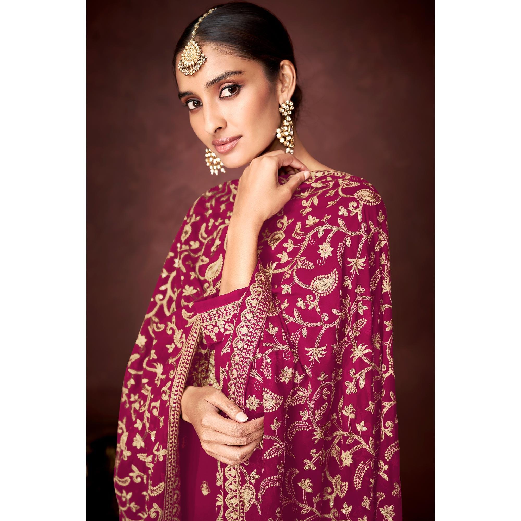 Pink Partywear Sequence Embroidered Heavy Faux Georgette Palazzo Suit - Peachmode