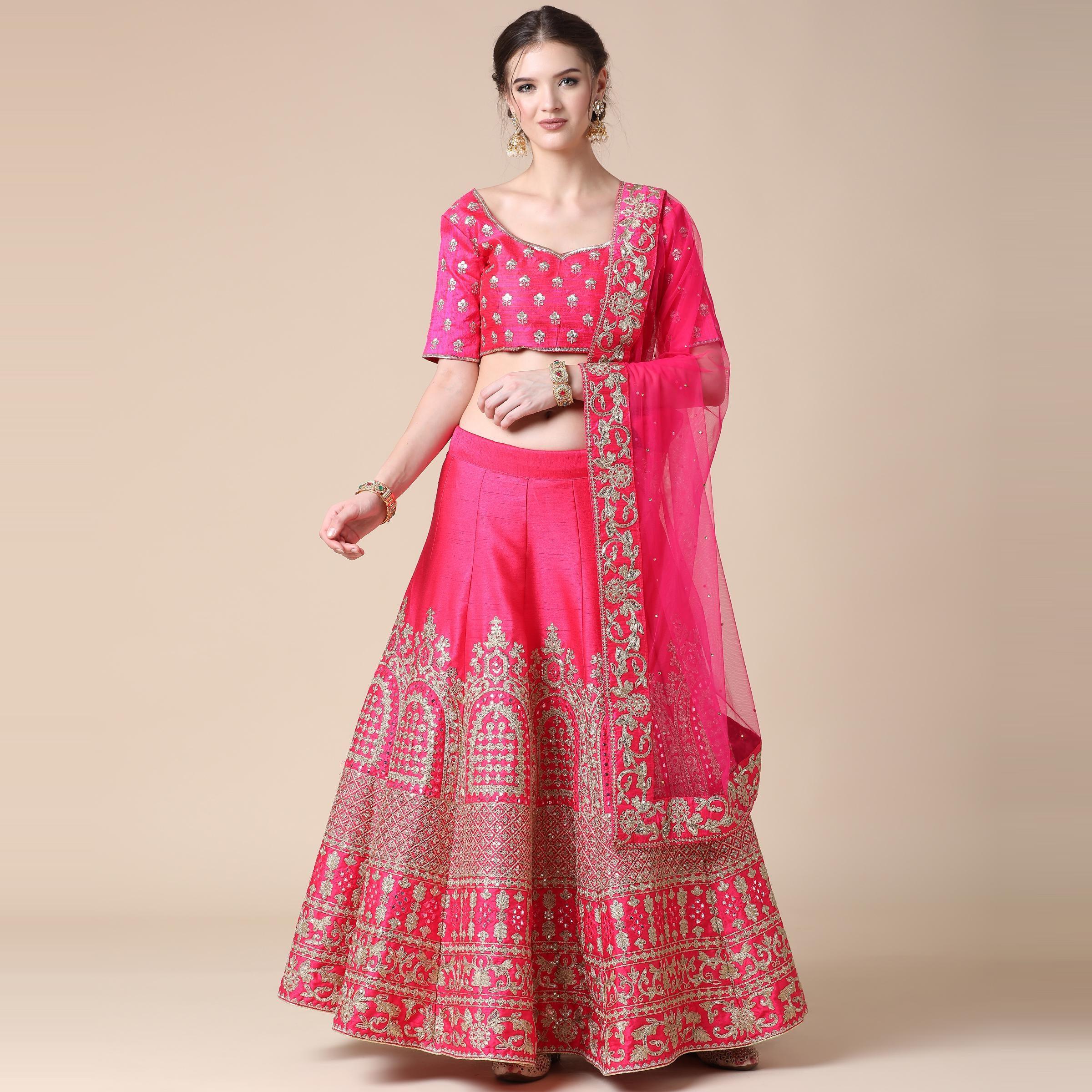 Pink Partywear Sequence Embroidered Heavy Silk Lehenga - Peachmode