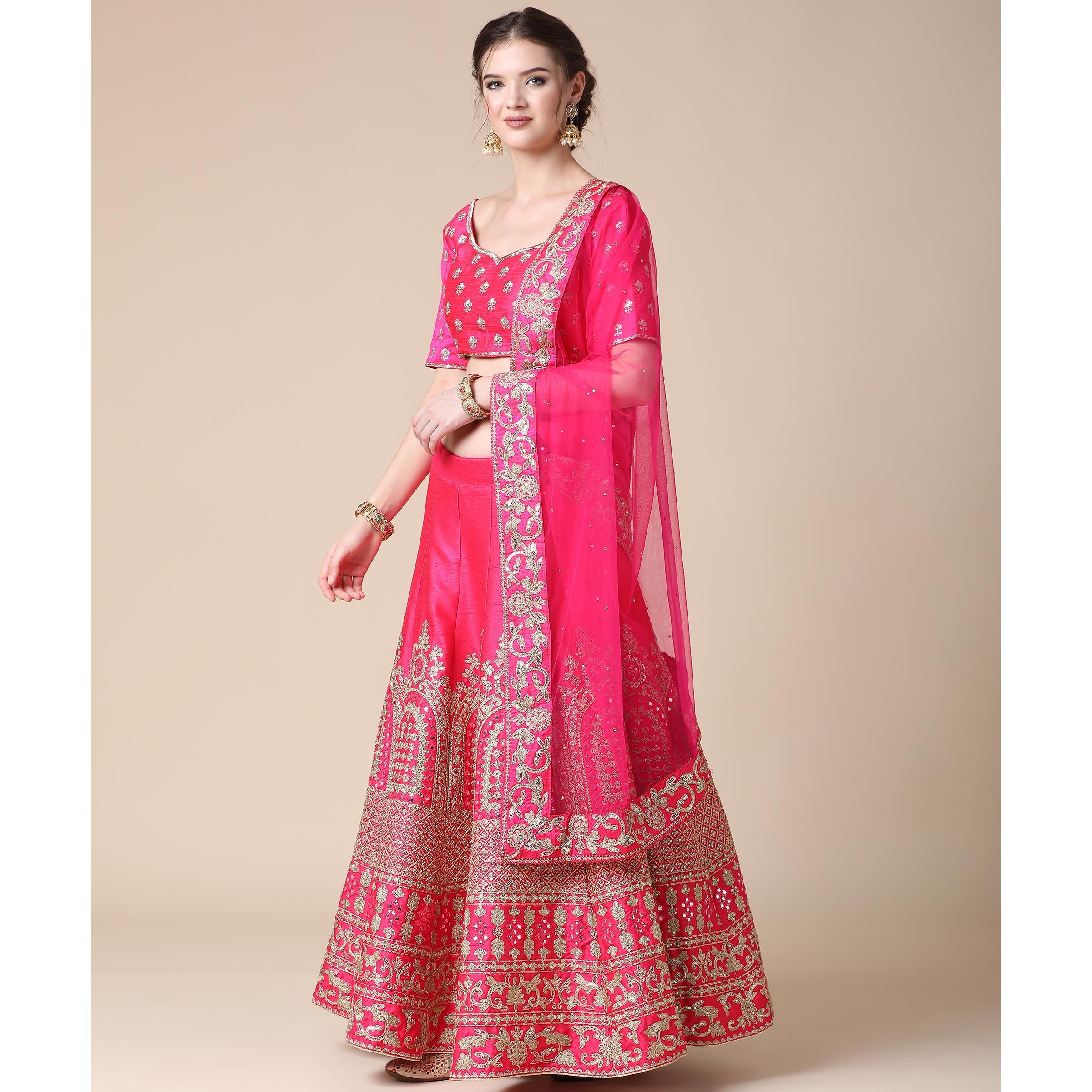Pink Partywear Sequence Embroidered Heavy Silk Lehenga - Peachmode