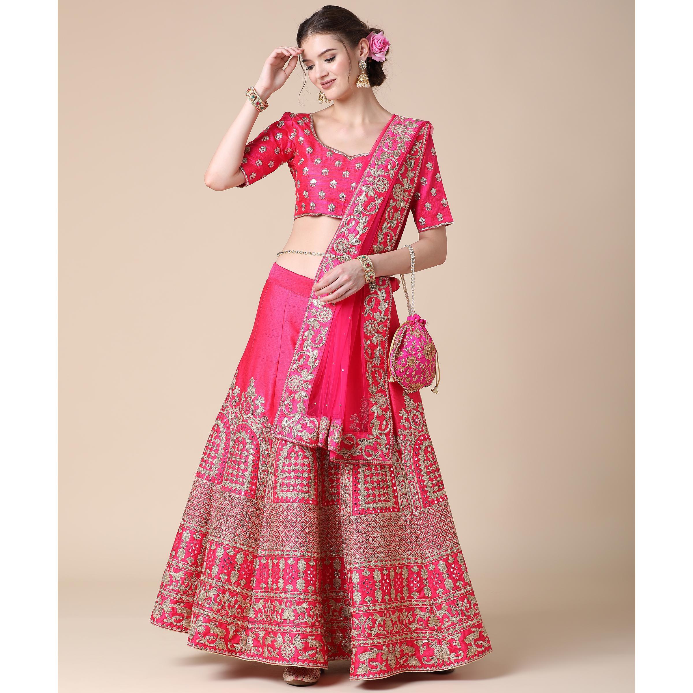 Pink Partywear Sequence Embroidered Heavy Silk Lehenga - Peachmode