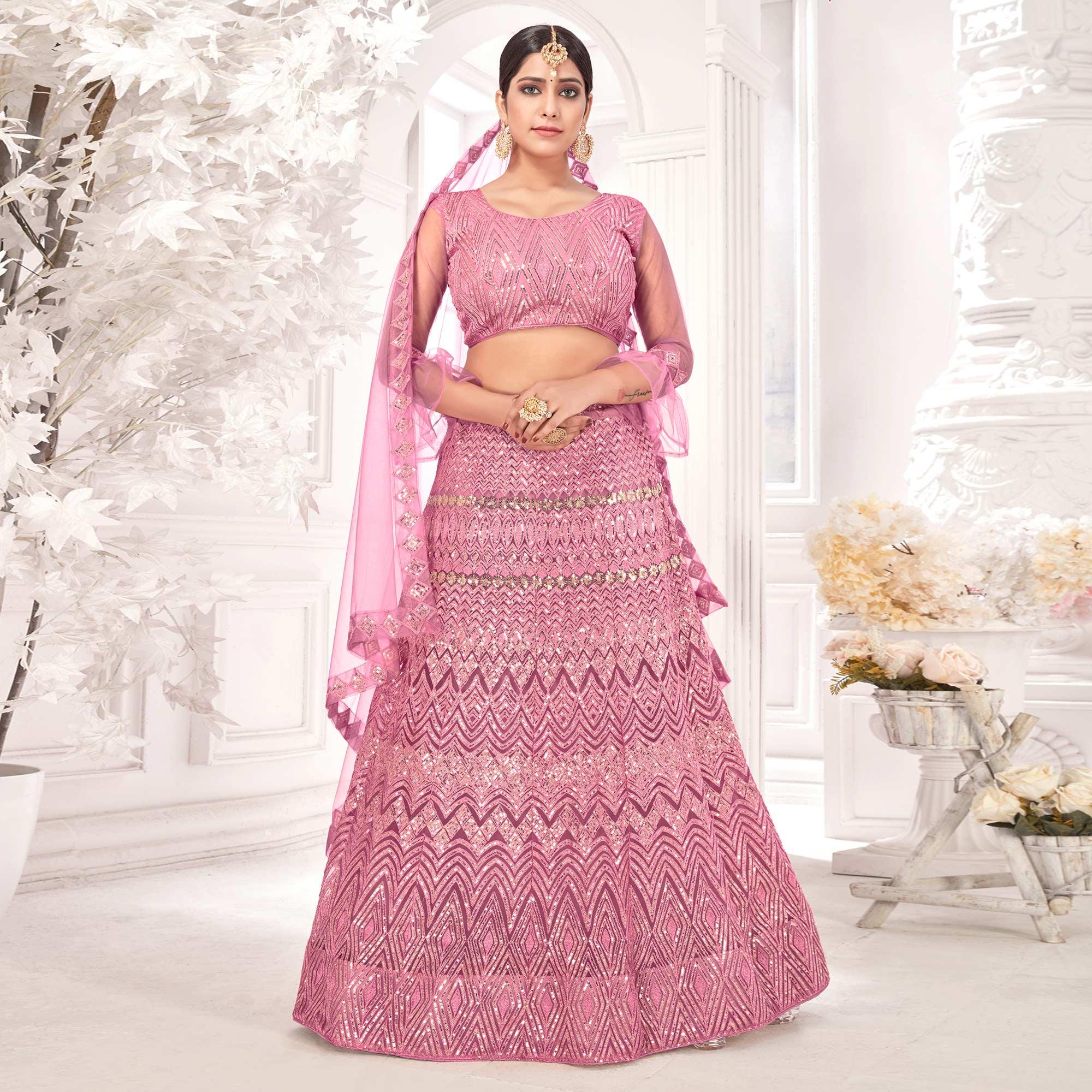 Pink Partywear Sequence Embroidered Net Lehenga Choli - Peachmode