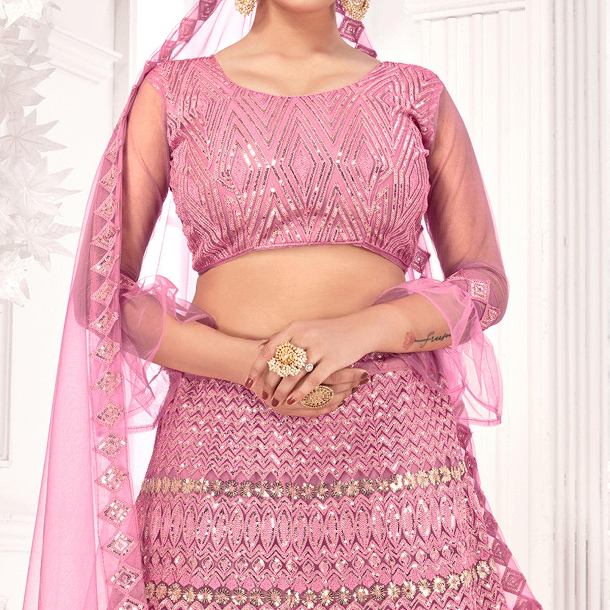 Pink Partywear Sequence Embroidered Net Lehenga Choli - Peachmode