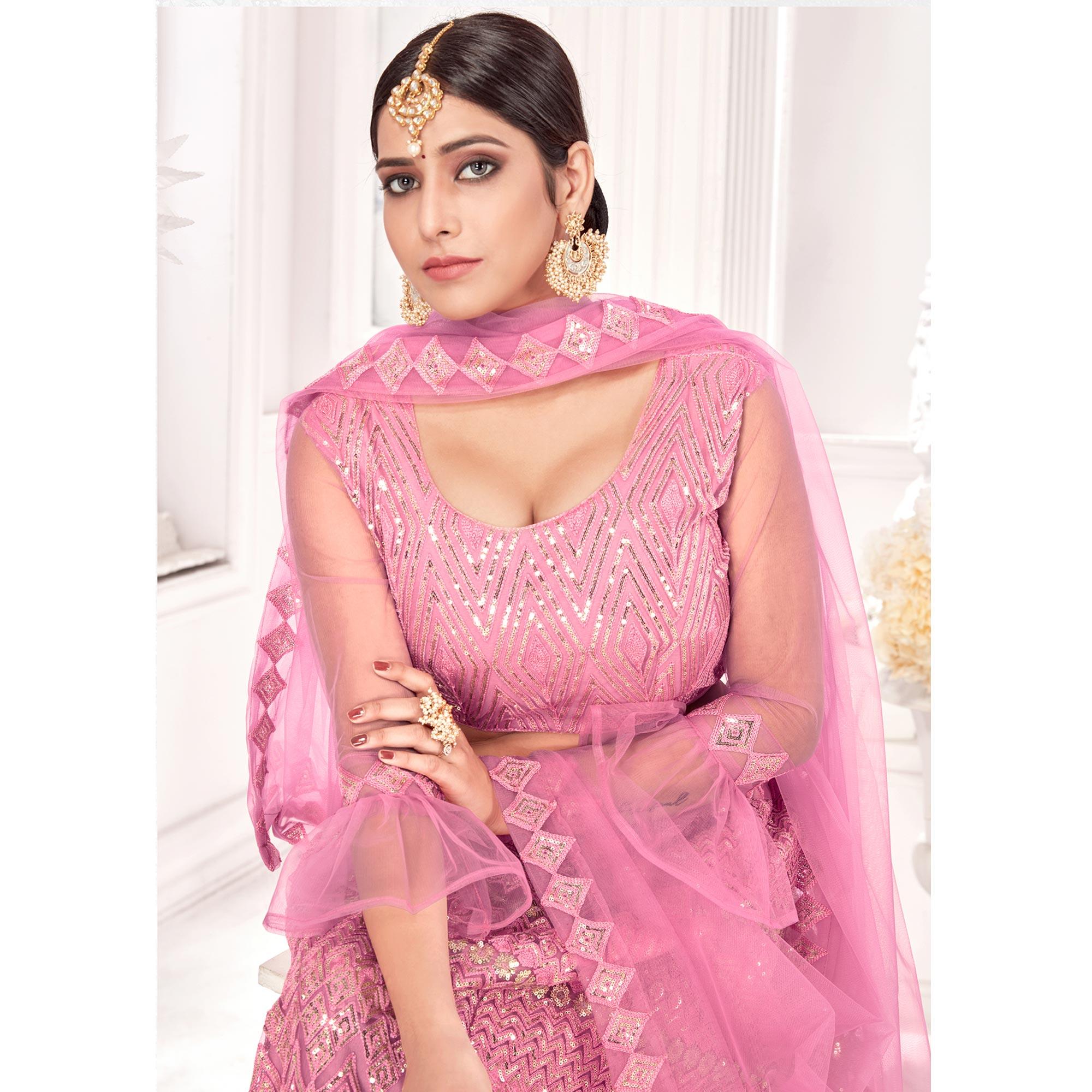 Pink Partywear Sequence Embroidered Net Lehenga Choli - Peachmode