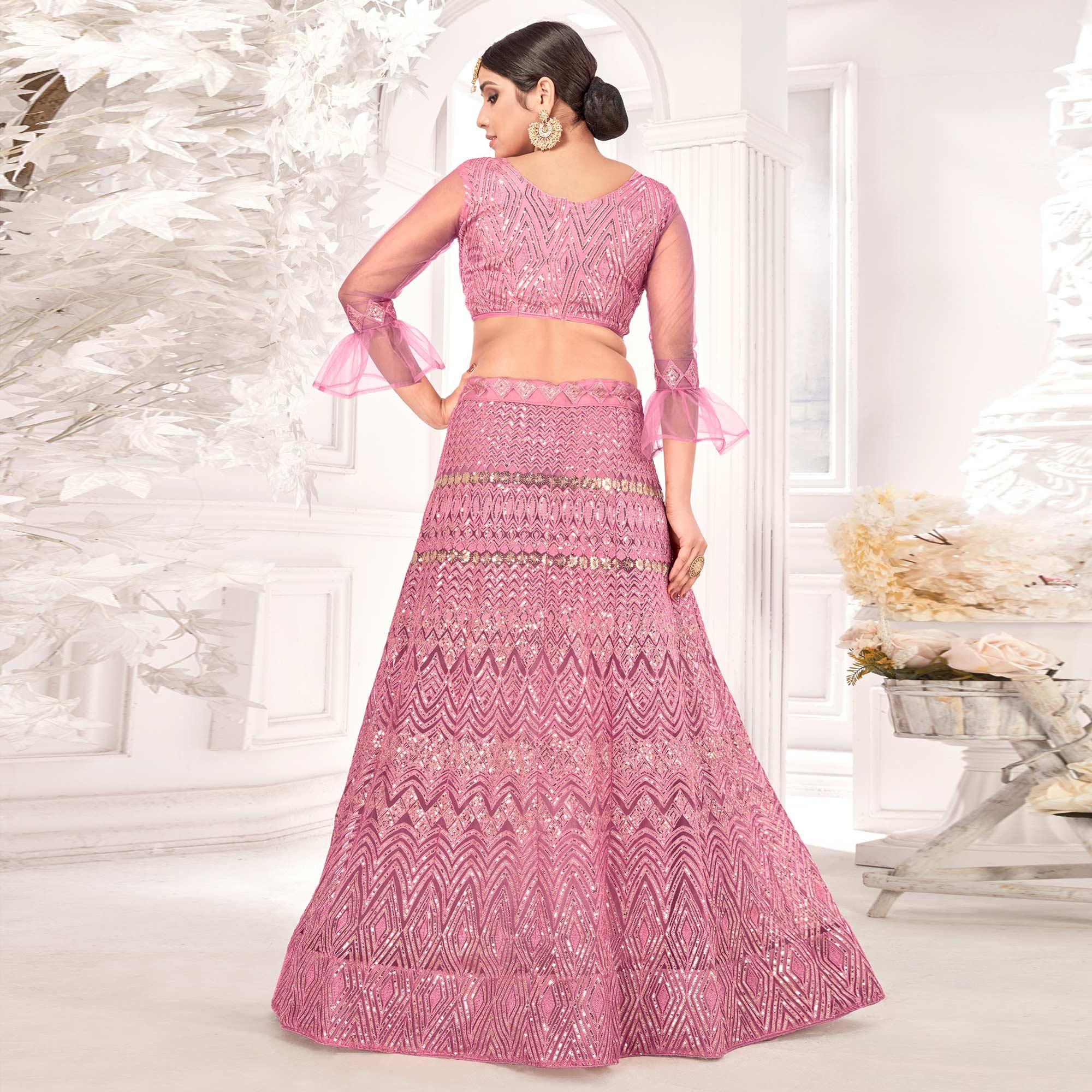 Pink Partywear Sequence Embroidered Net Lehenga Choli - Peachmode