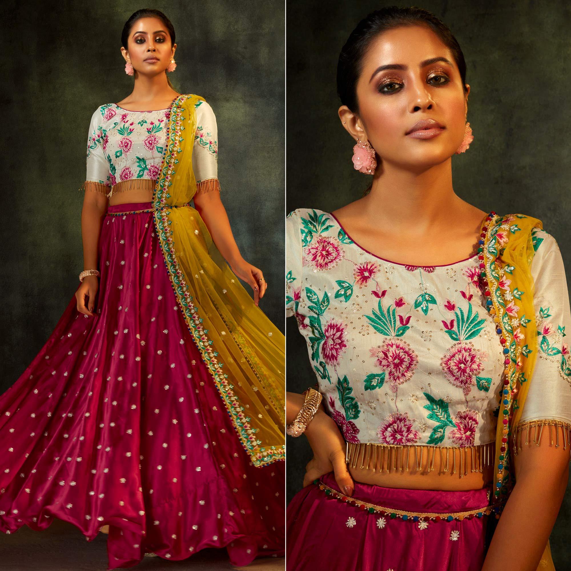 Pink Partywear Sequence Embroidered Satin Lehenga Choli - Peachmode