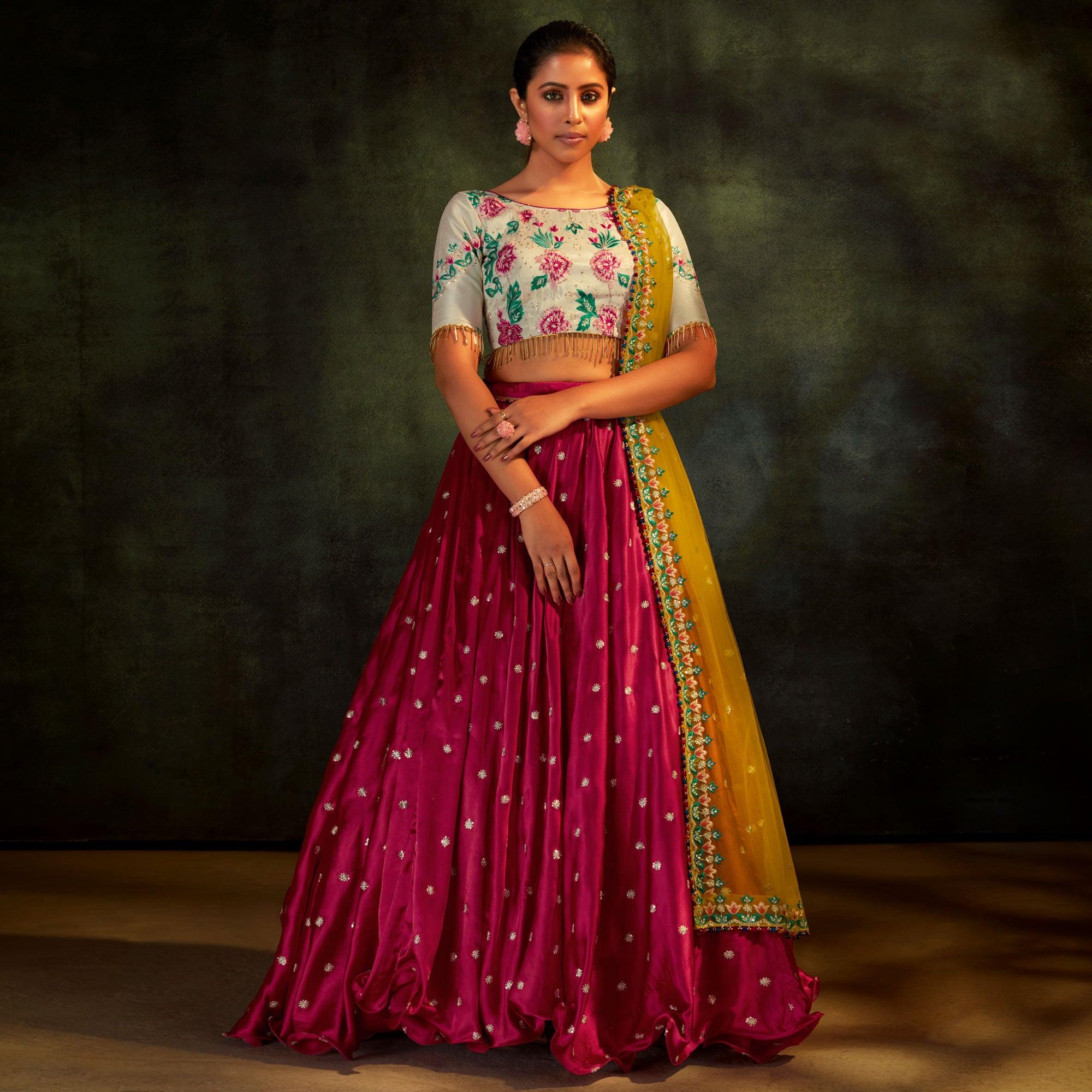 Pink Partywear Sequence Embroidered Satin Lehenga Choli - Peachmode