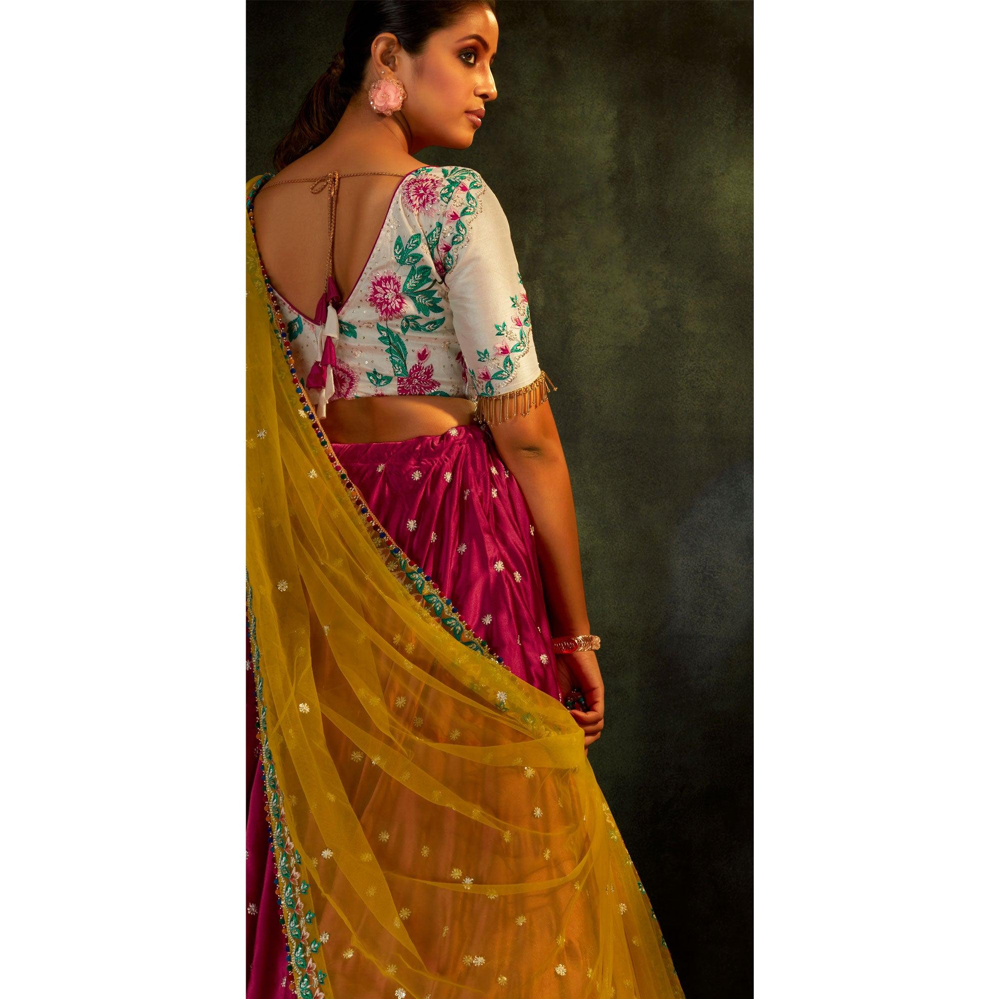 Pink Partywear Sequence Embroidered Satin Lehenga Choli - Peachmode