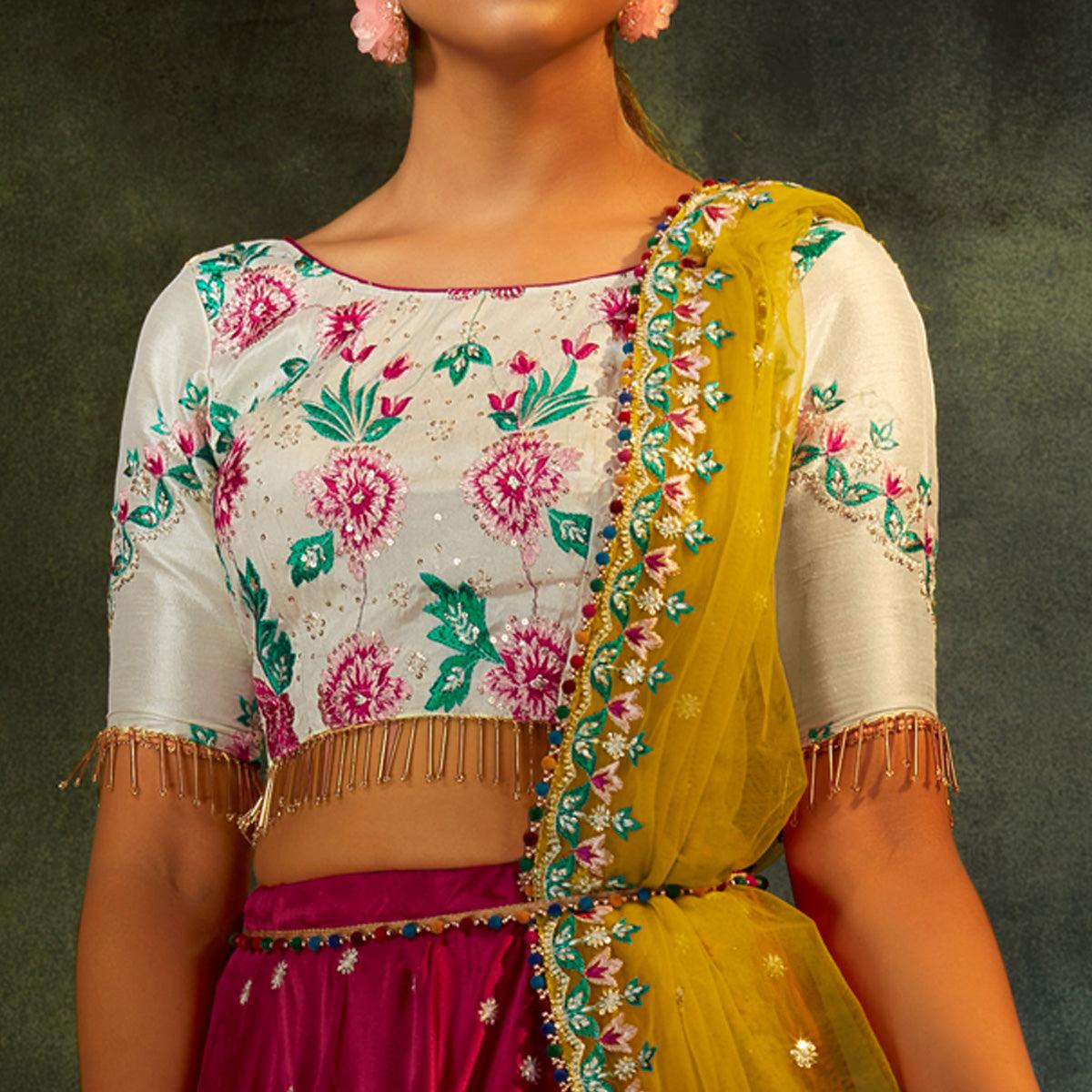 Pink Partywear Sequence Embroidered Satin Lehenga Choli - Peachmode