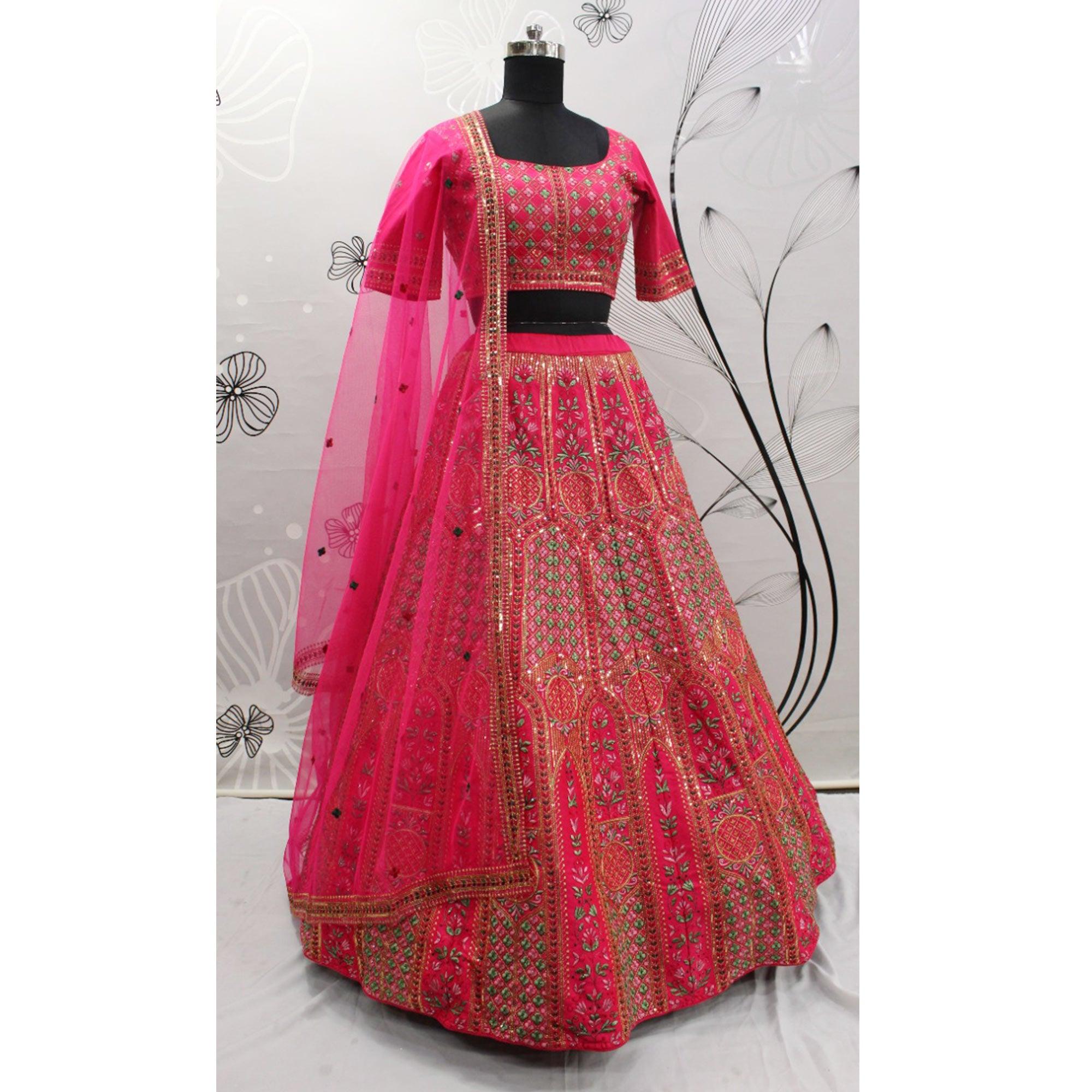 Pink Partywear Sequence Embroidered With Pearl Work Silk Lehenga Choli - Peachmode