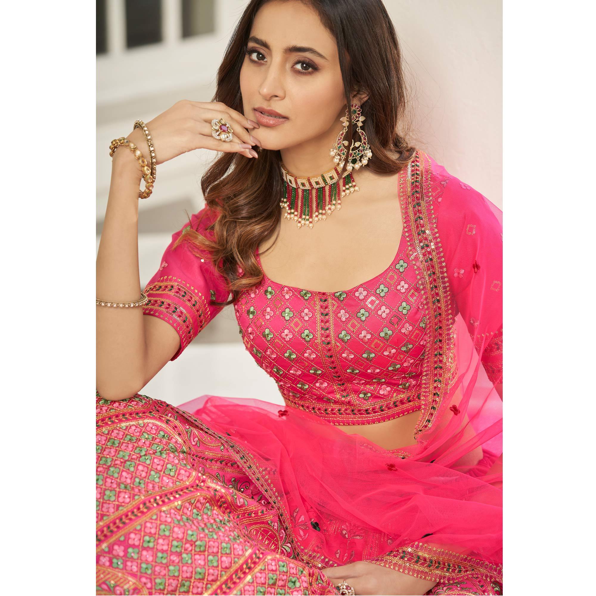 Pink Partywear Sequence Embroidered With Pearl Work Silk Lehenga Choli - Peachmode