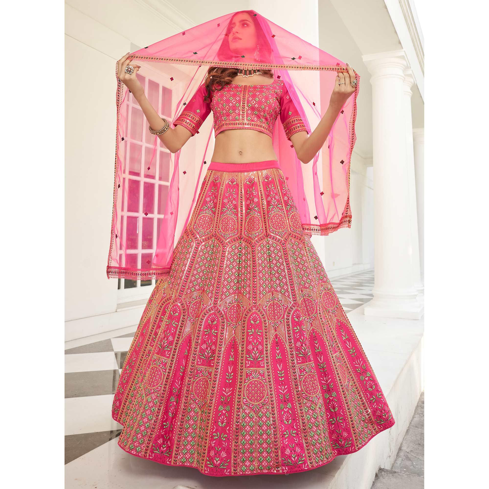 Pink Partywear Sequence Embroidered With Pearl Work Silk Lehenga Choli - Peachmode