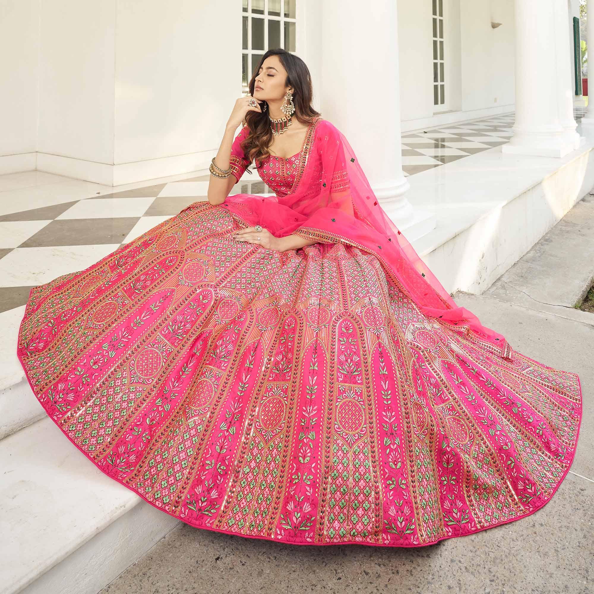 Pink Partywear Sequence Embroidered With Pearl Work Silk Lehenga Choli - Peachmode