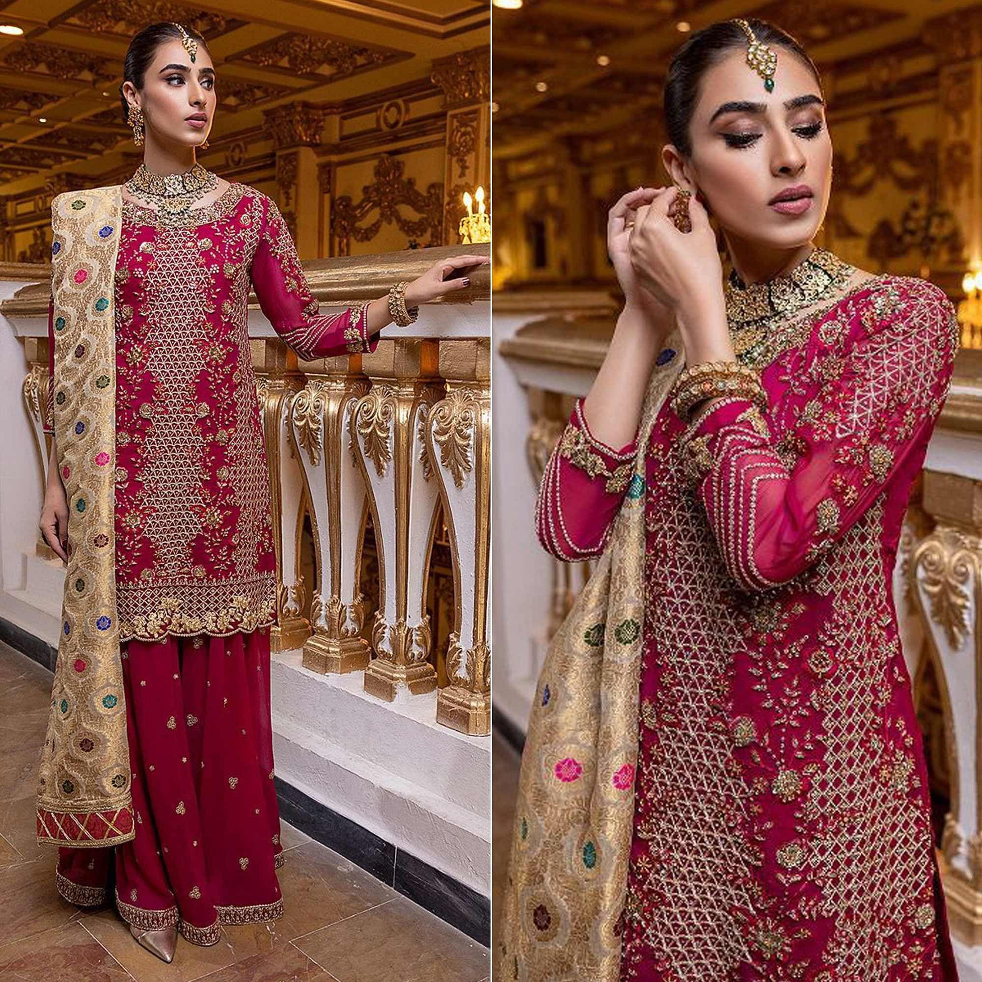 Pink Partywear Sequence Embroidery Georgette Pakistani Suit - Peachmode
