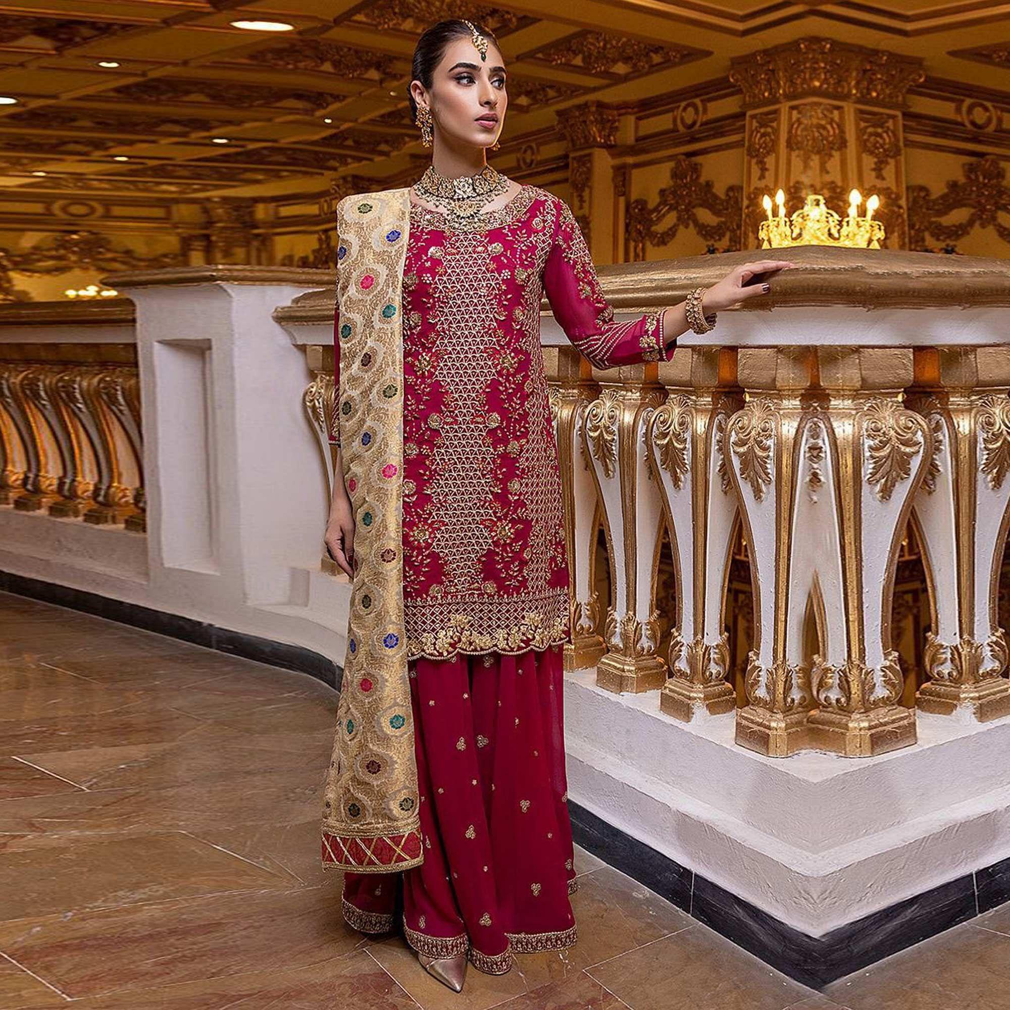 Pink Partywear Sequence Embroidery Georgette Pakistani Suit - Peachmode