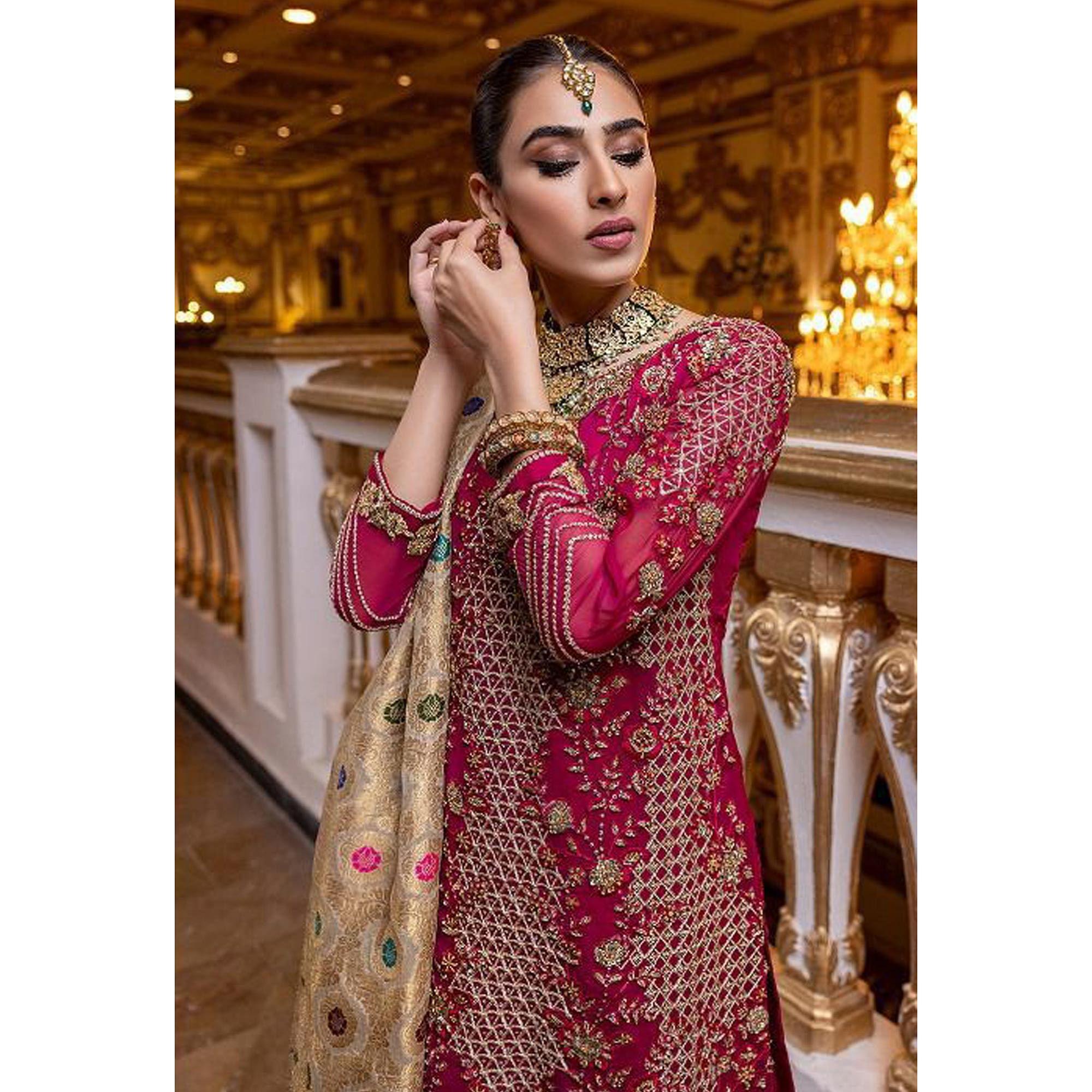 Pink Partywear Sequence Embroidery Georgette Pakistani Suit - Peachmode