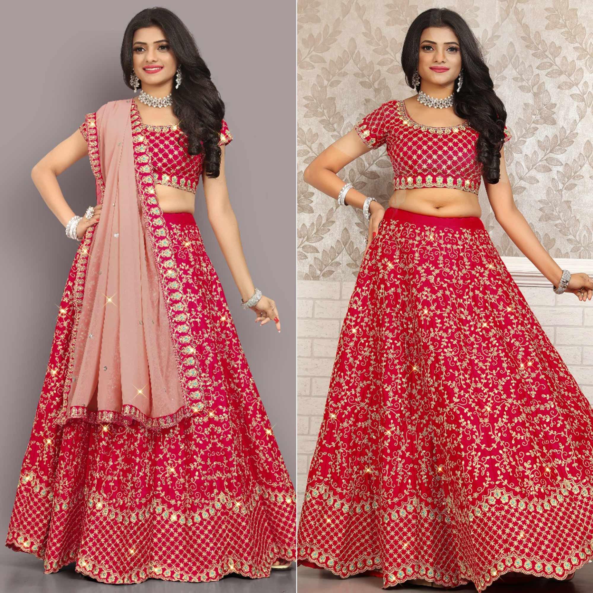 Pink Partywear Sequence Embroidery Satin Lehenga Choli - Peachmode