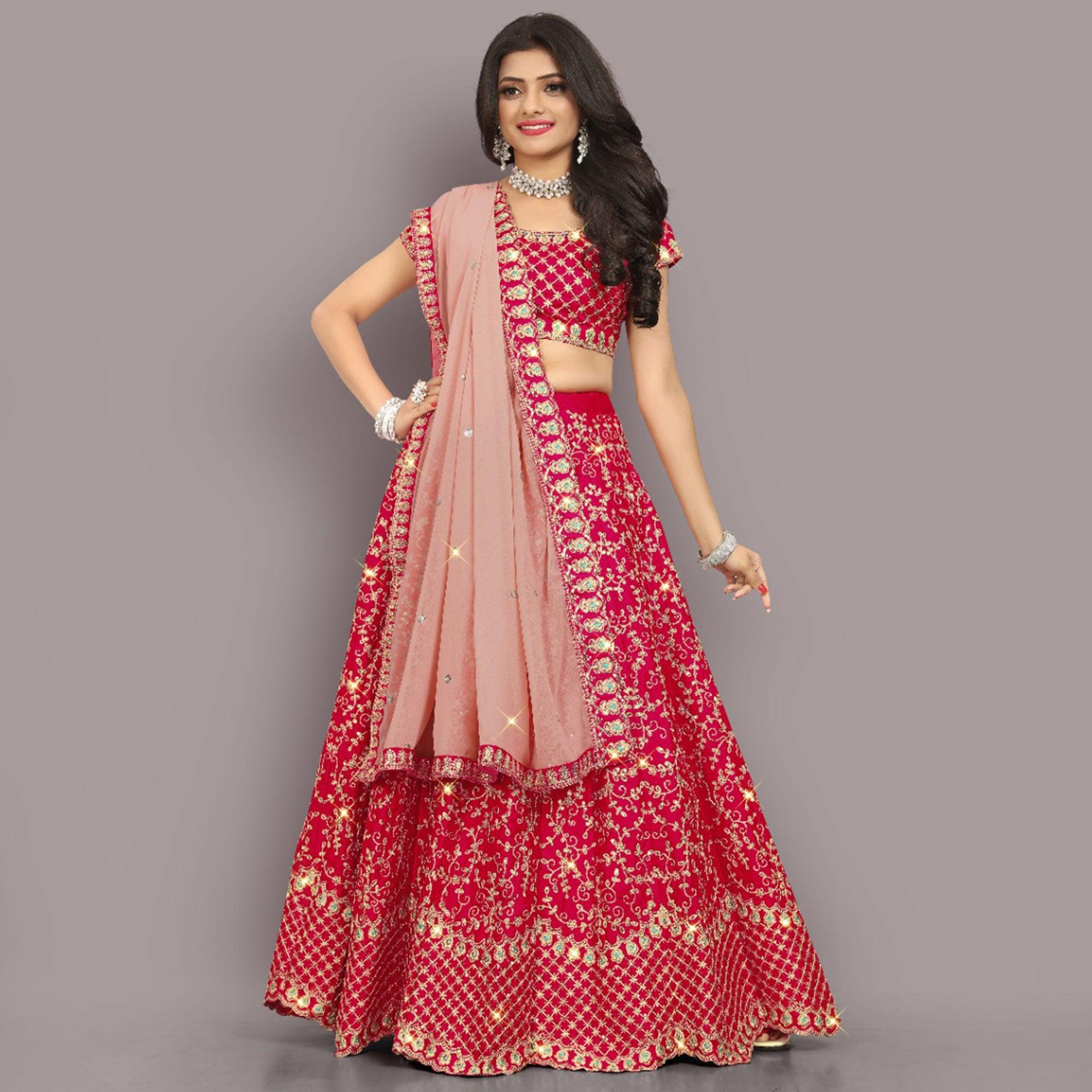 Pink Partywear Sequence Embroidery Satin Lehenga Choli - Peachmode