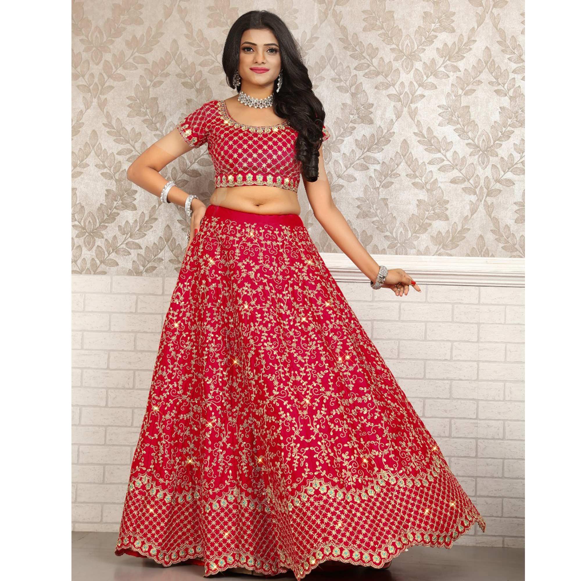 Pink Partywear Sequence Embroidery Satin Lehenga Choli - Peachmode