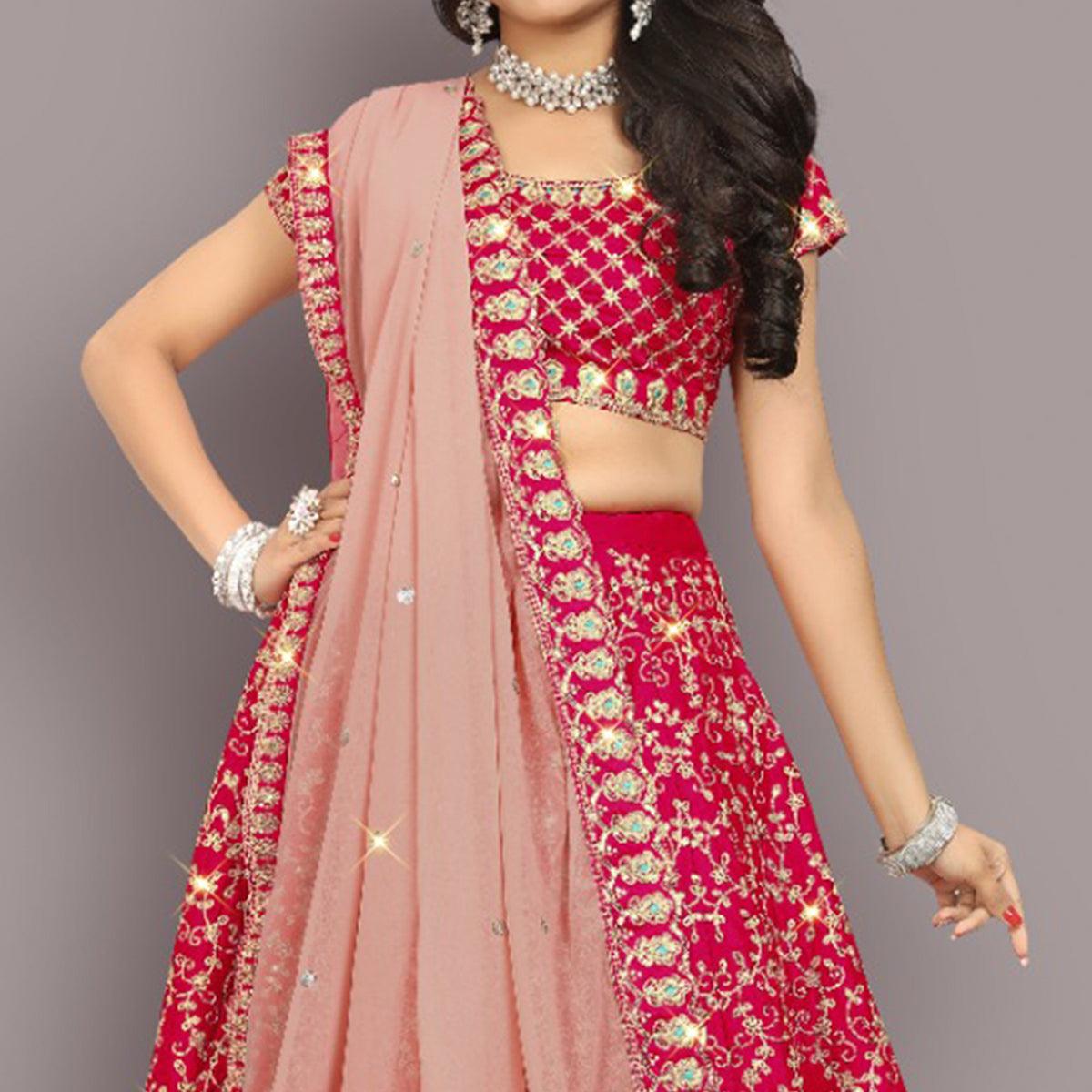 Pink Partywear Sequence Embroidery Satin Lehenga Choli - Peachmode