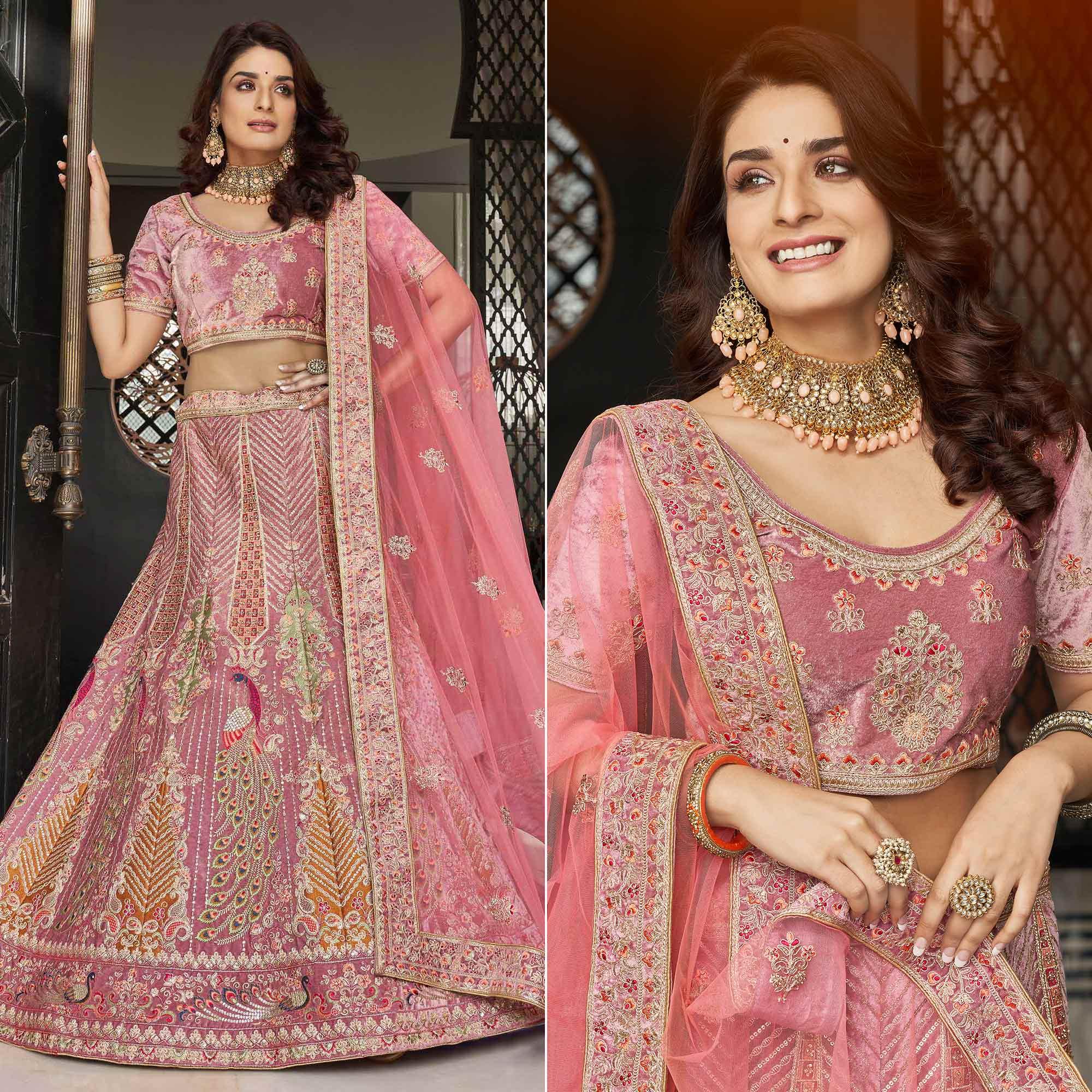 Pink Partywear Sequence Floral Embroidered Velvet Lehenga Choli - Peachmode