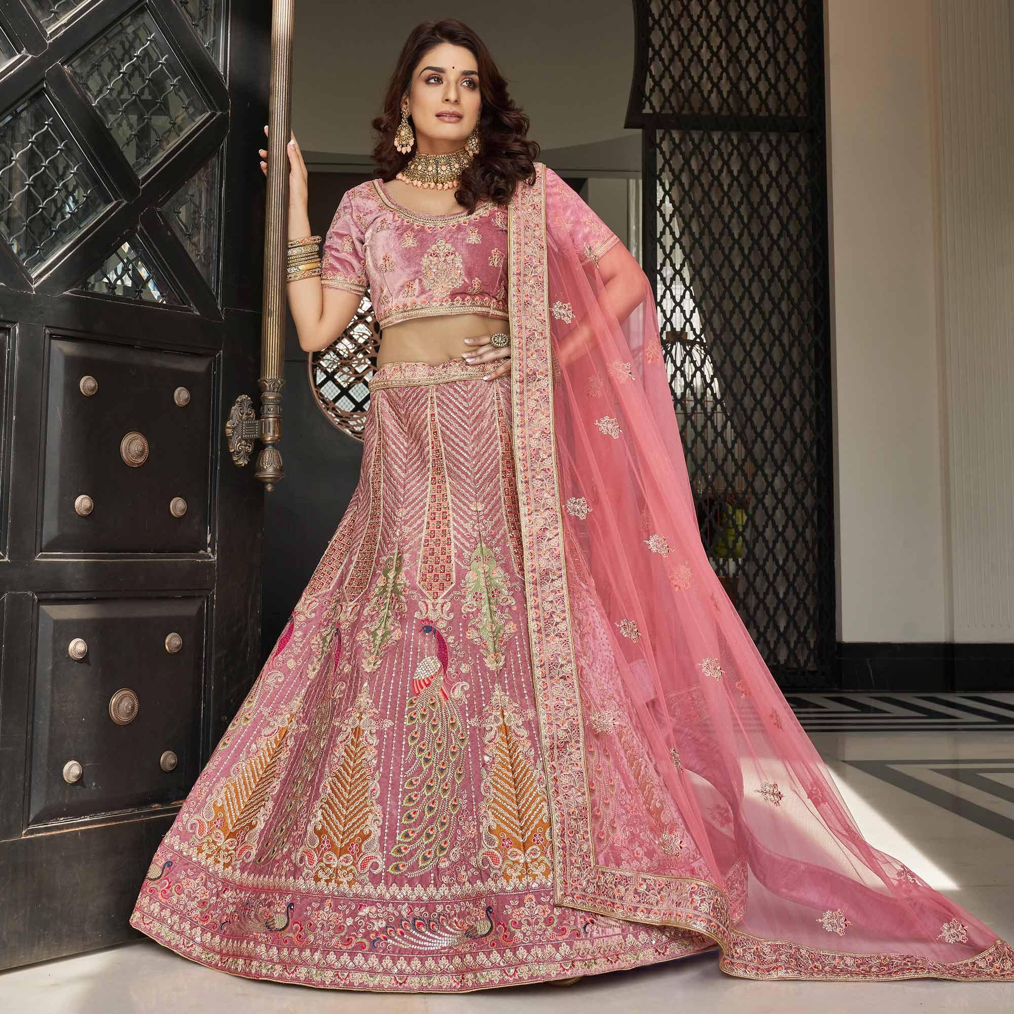 Pink Partywear Sequence Floral Embroidered Velvet Lehenga Choli - Peachmode