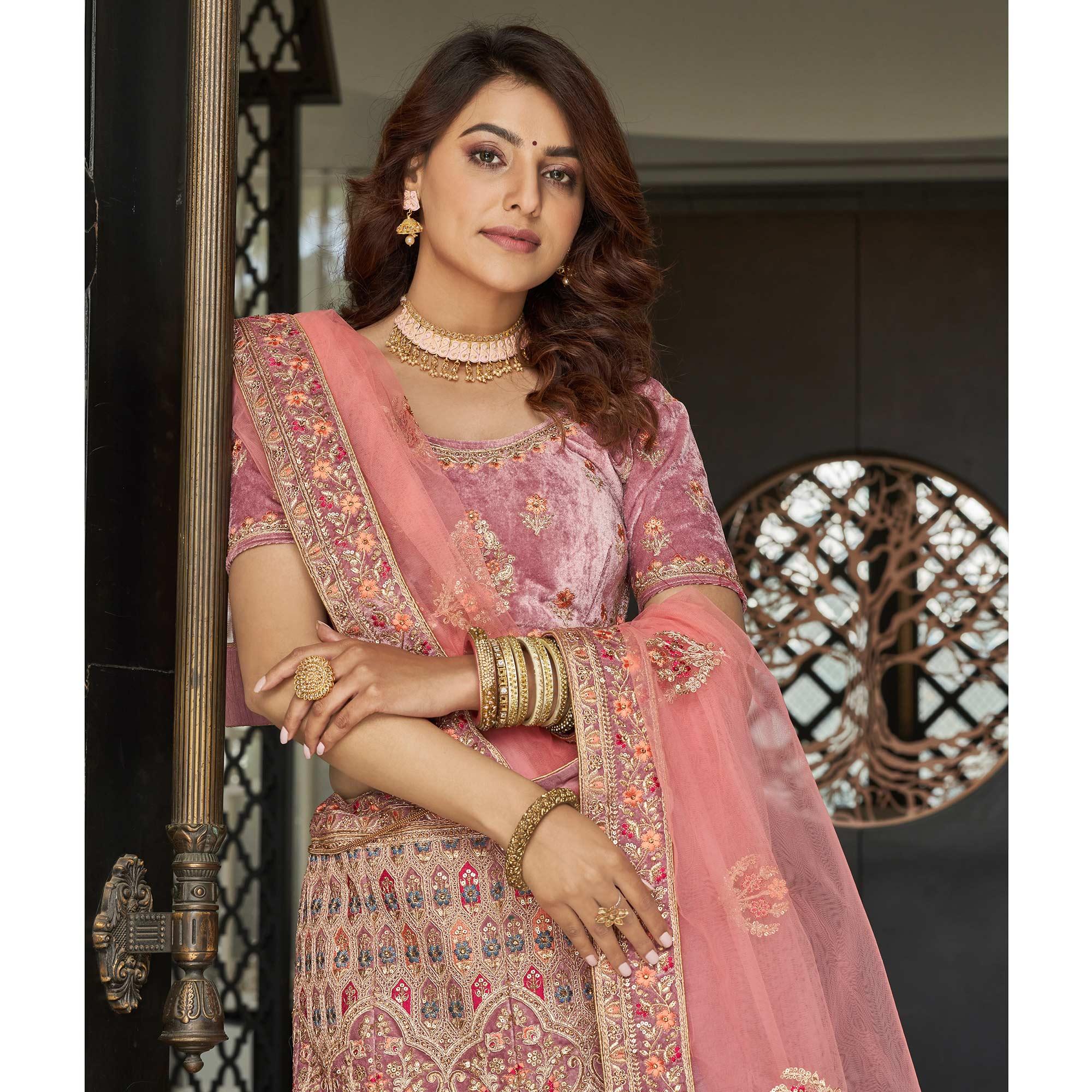 Pink Partywear Sequence Floral Embroidered Velvet Lehenga Choli - Peachmode