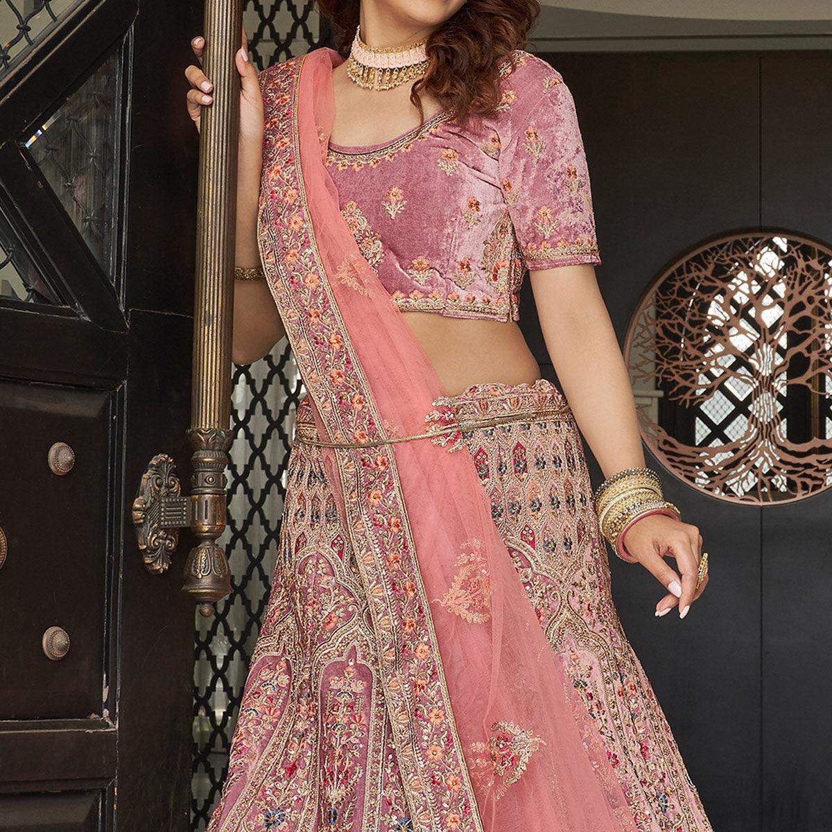 Pink Partywear Sequence Floral Embroidered Velvet Lehenga Choli - Peachmode