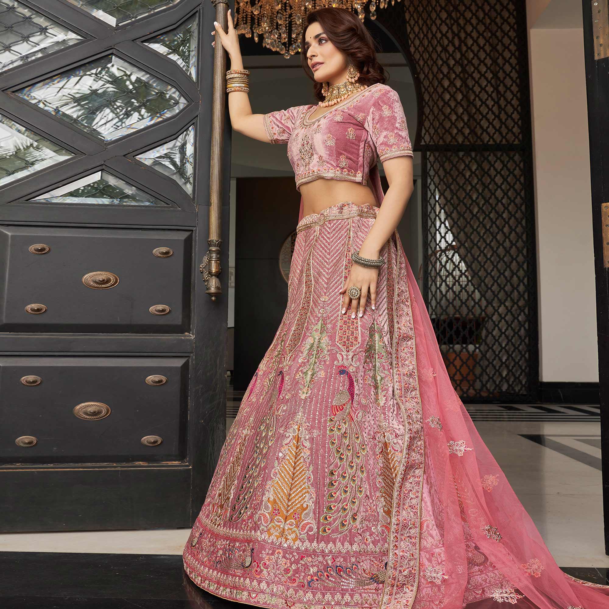 Pink Partywear Sequence Floral Embroidered Velvet Lehenga Choli - Peachmode