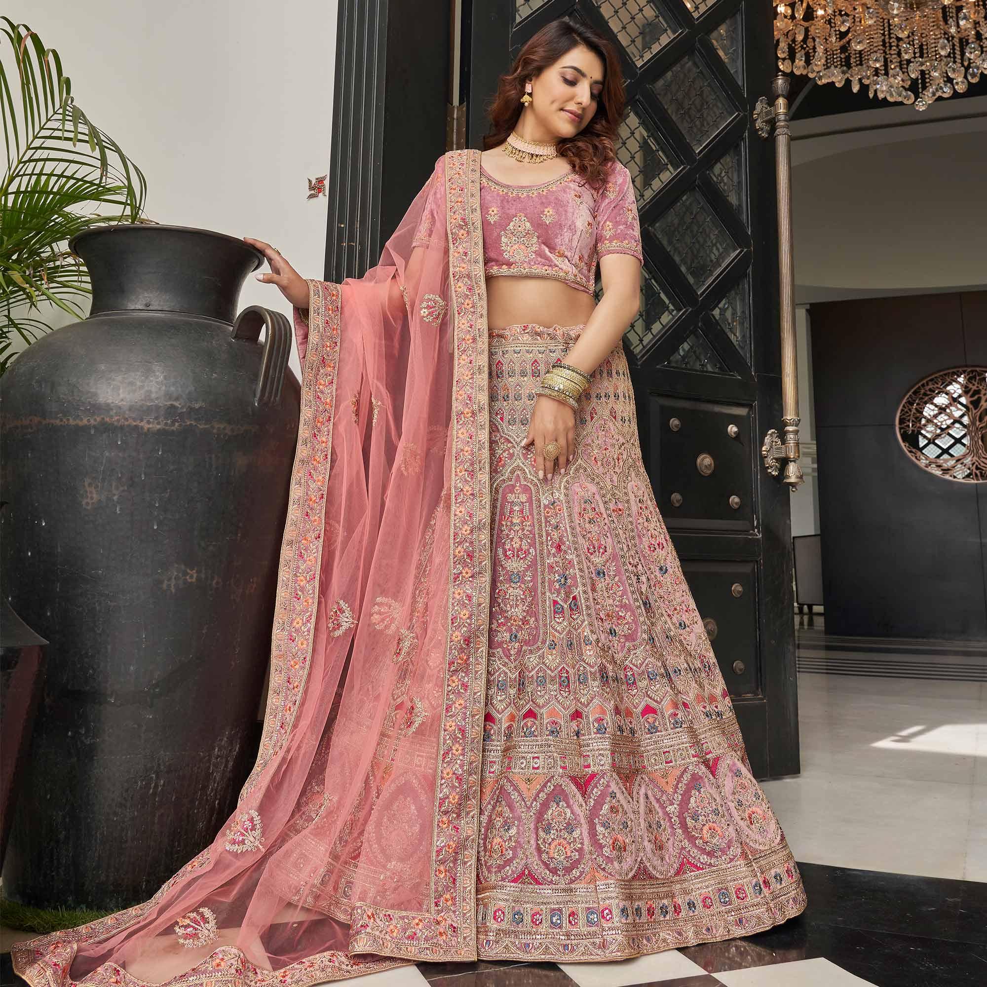 Pink Partywear Sequence Floral Embroidered Velvet Lehenga Choli - Peachmode