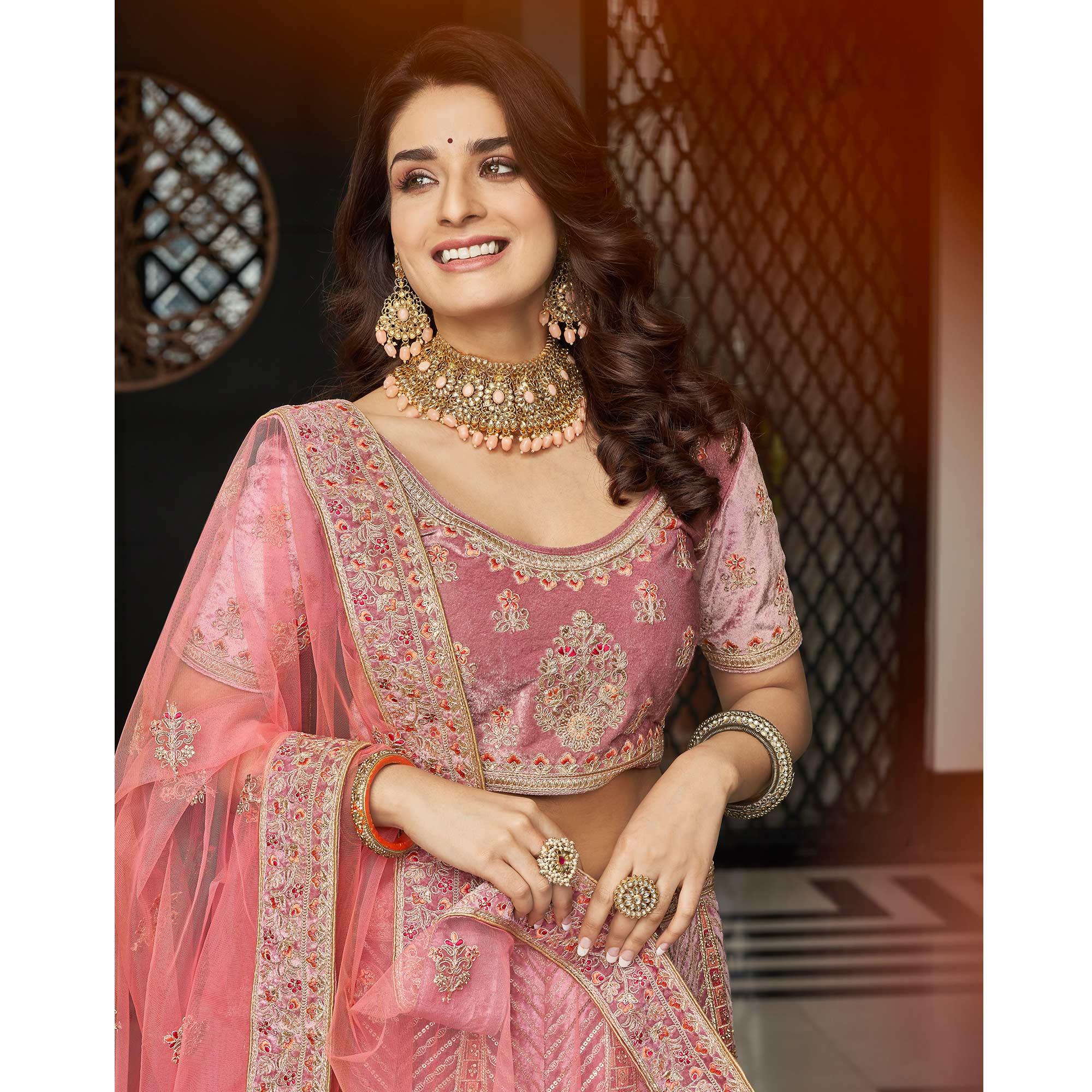 Pink Partywear Sequence Floral Embroidered Velvet Lehenga Choli - Peachmode