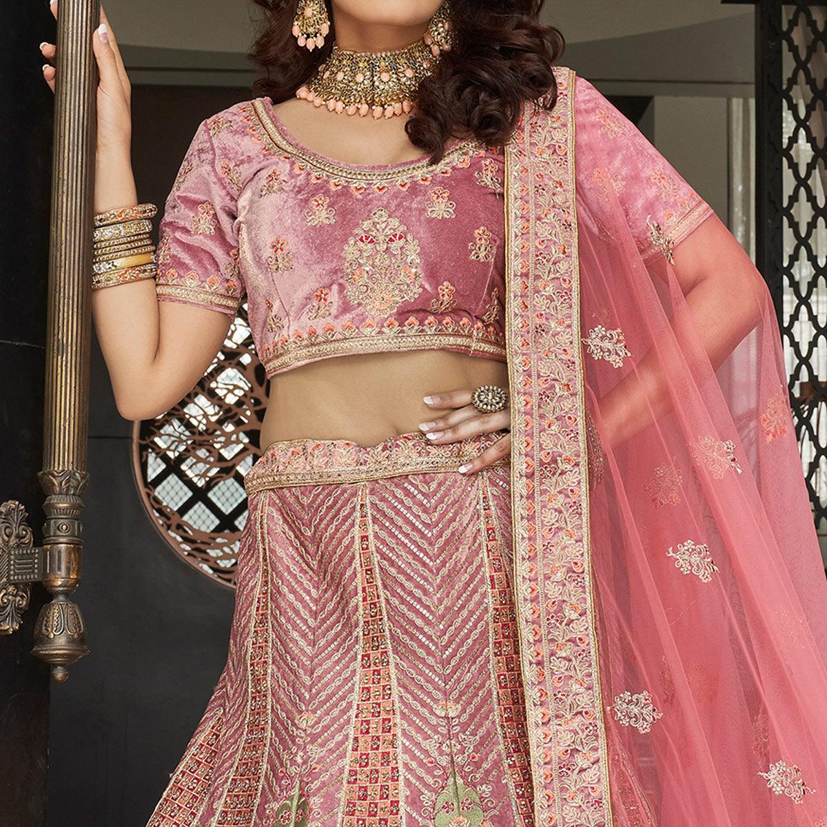 Pink Partywear Sequence Floral Embroidered Velvet Lehenga Choli - Peachmode